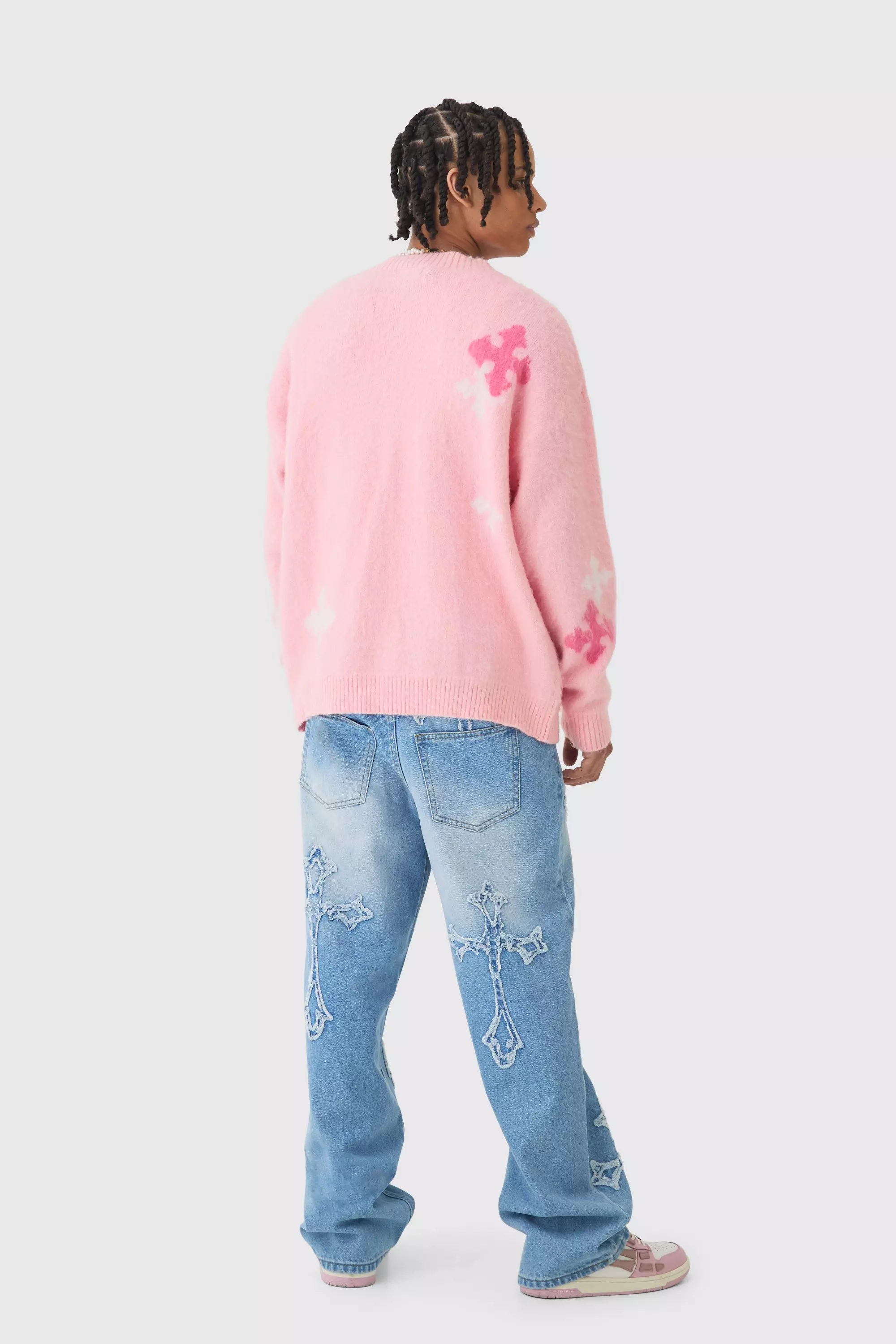 Baggy Rigid Cross Applique Jeans In Light Blue | boohooMAN USA