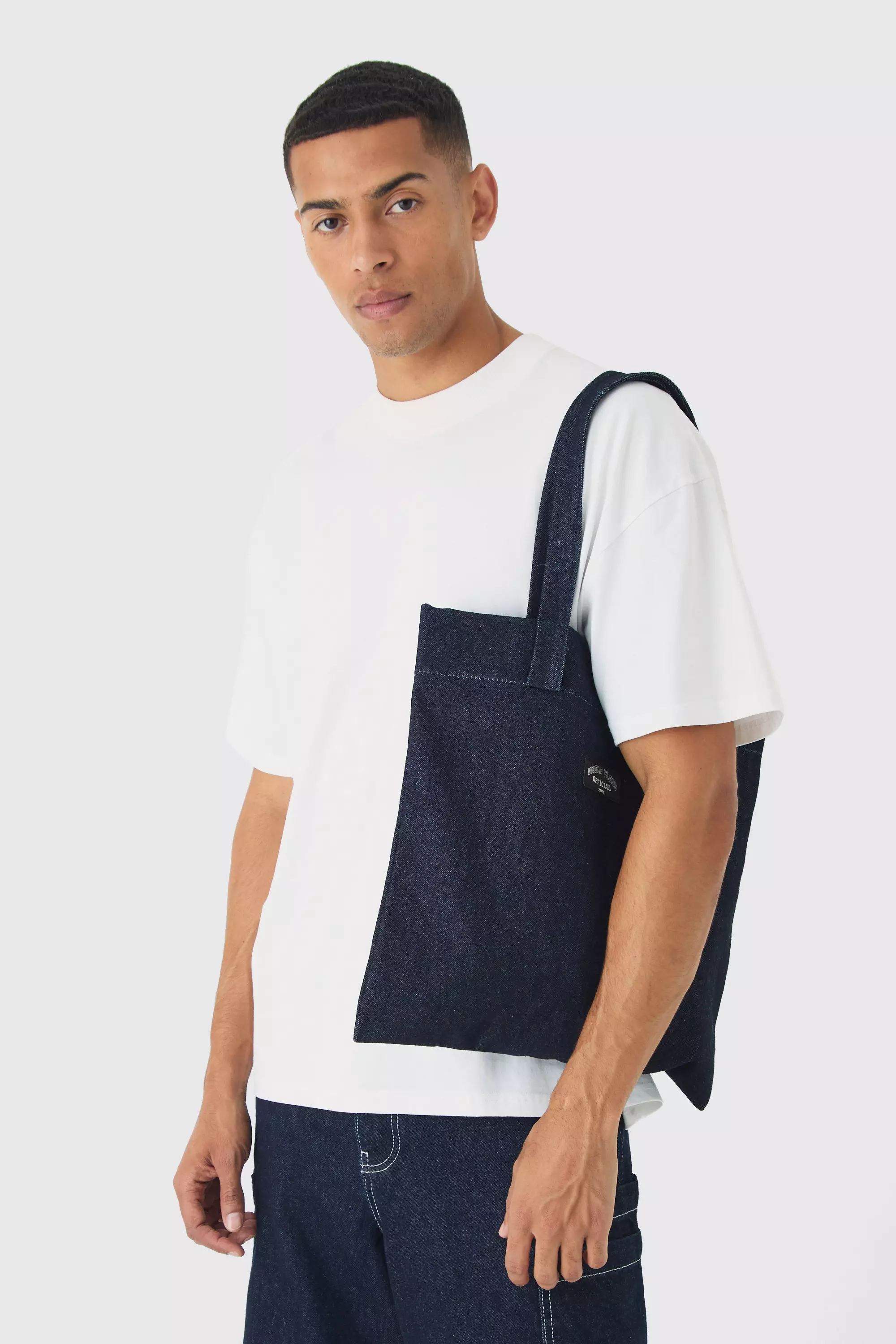 Man Branded Denim Tote Bag Blue