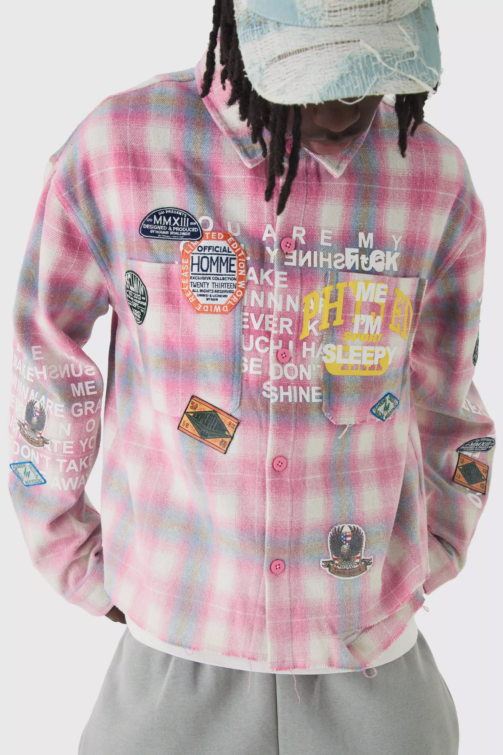 Pink Oversized Boxy Badge Applique Distressed Overdye Flannel Shirt