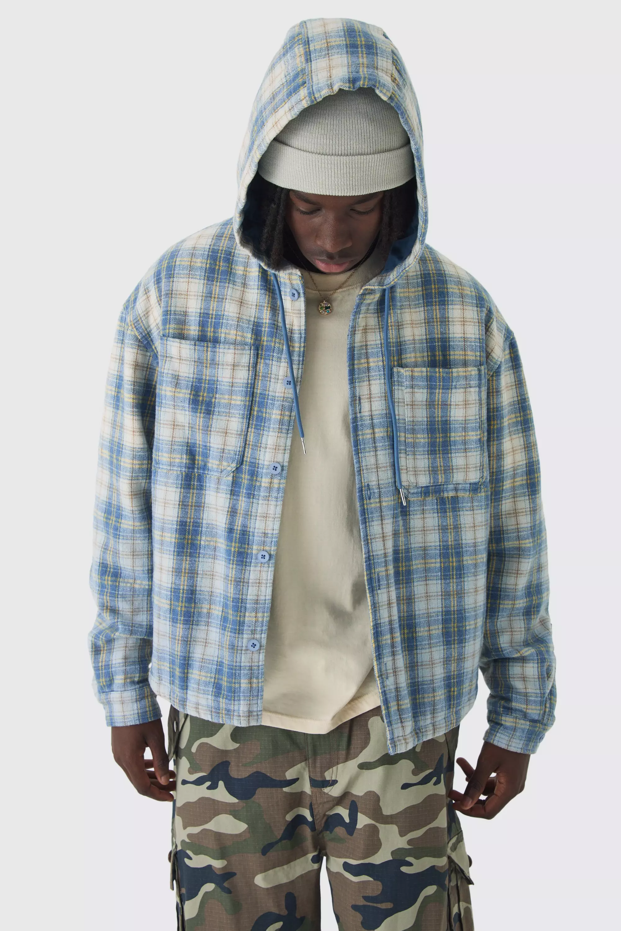 Kariertes Oversize Overshirt mit Kapuze, Light blue alternatives Bild