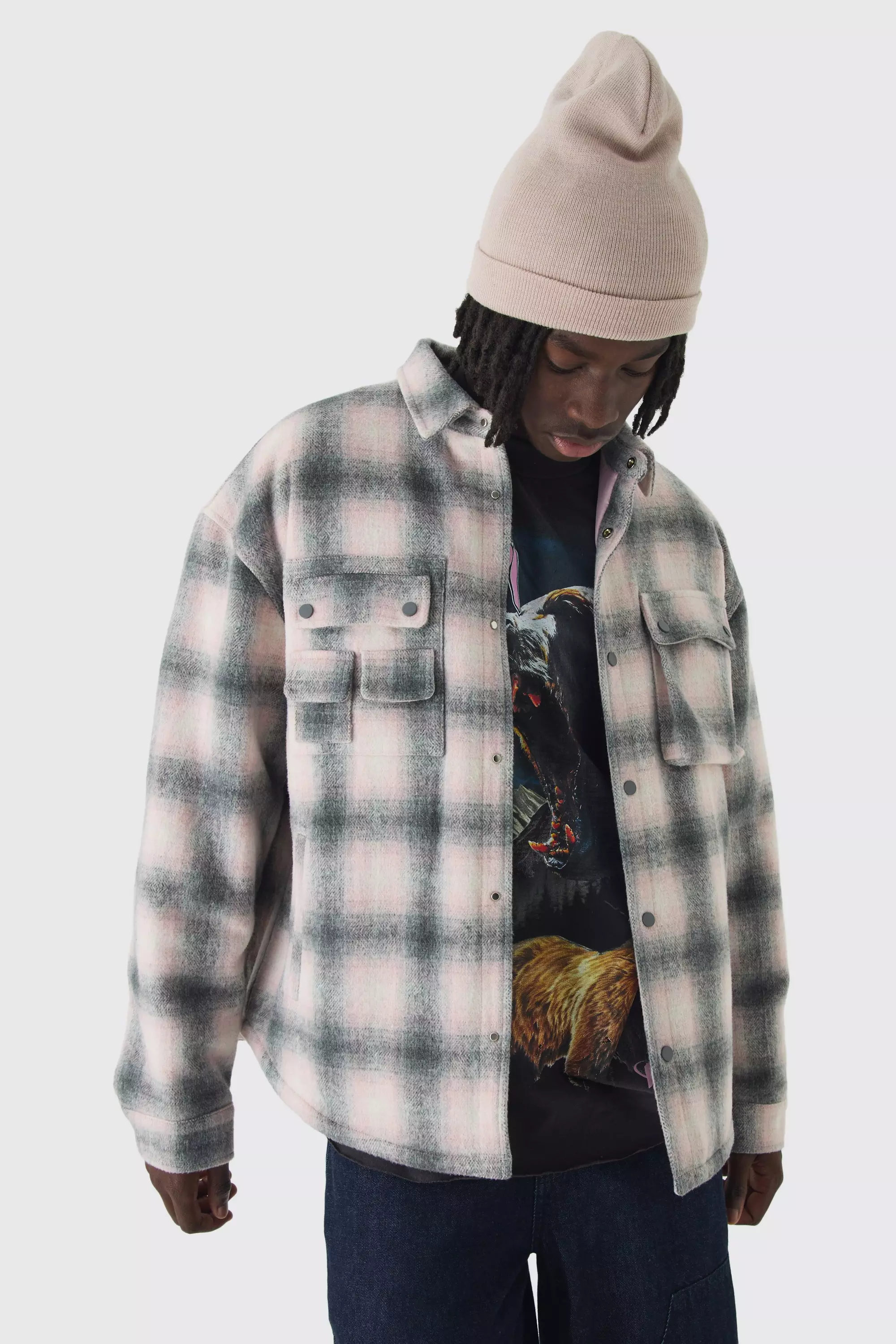 Pink Oversized Padded Check Cargo Pocket Overshirt alternative image