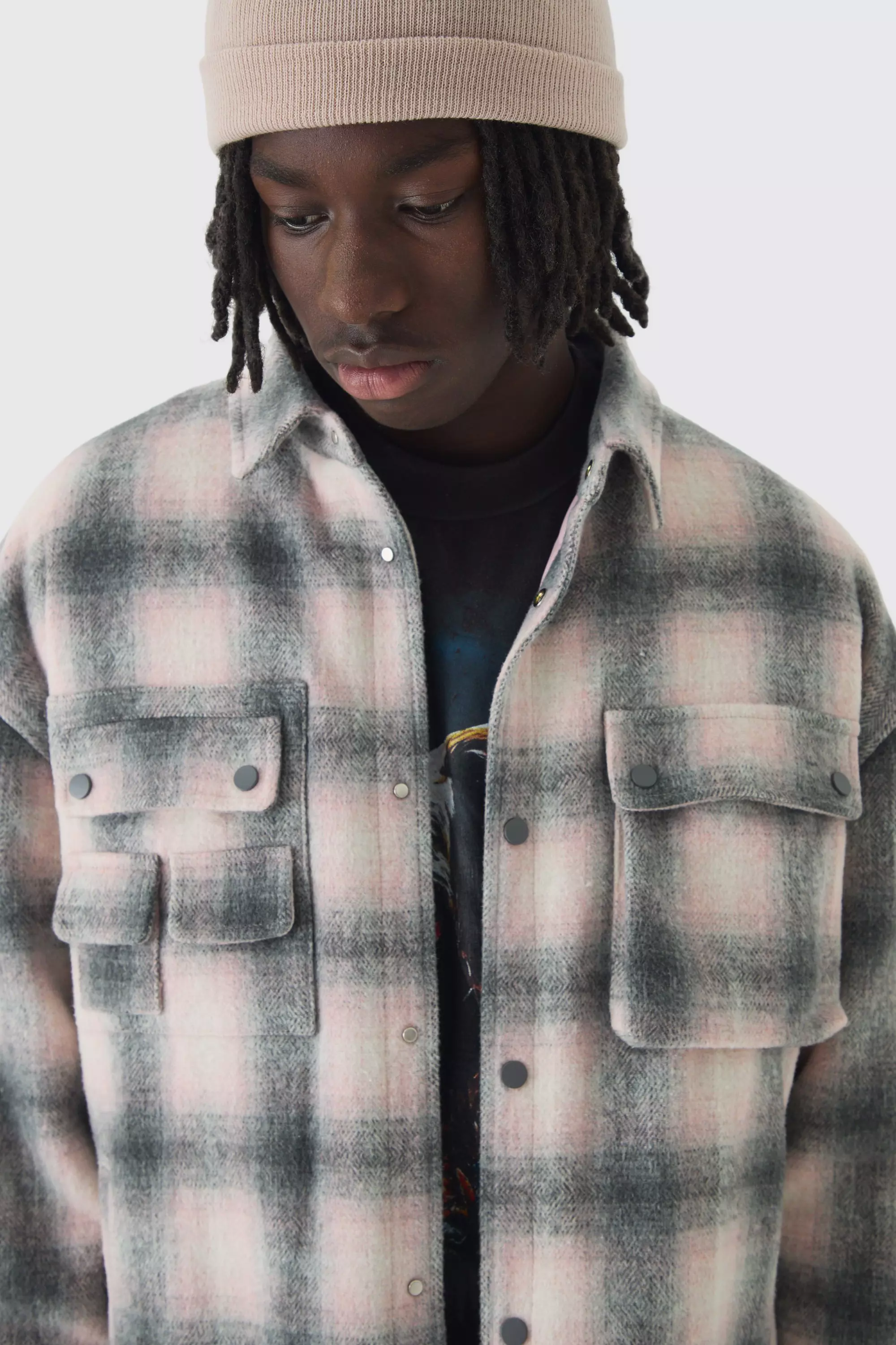 Pink Oversized Padded Check Cargo Pocket Overshirt alternative image