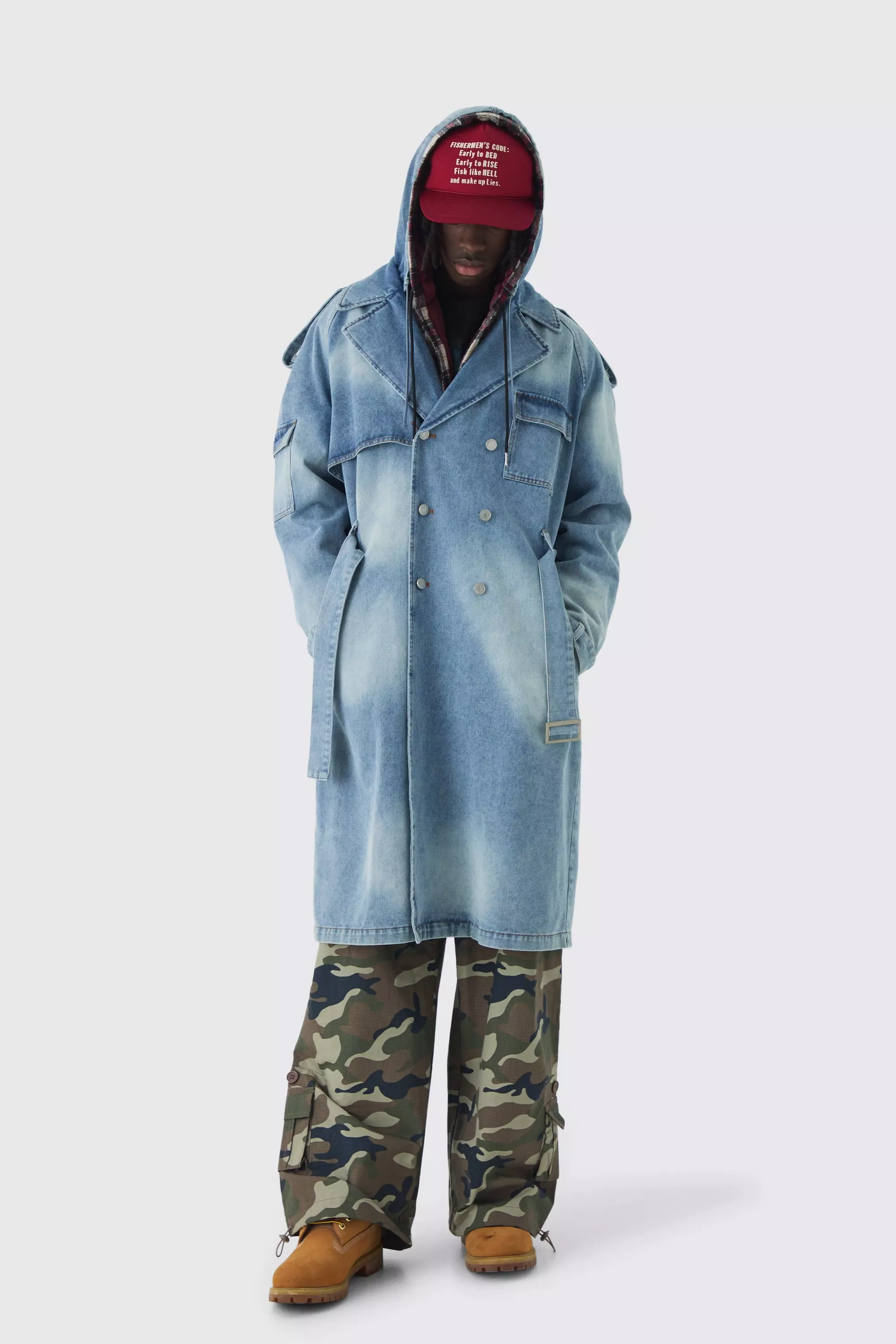 Oversized Hooded Denim Trench Coat Mid blue