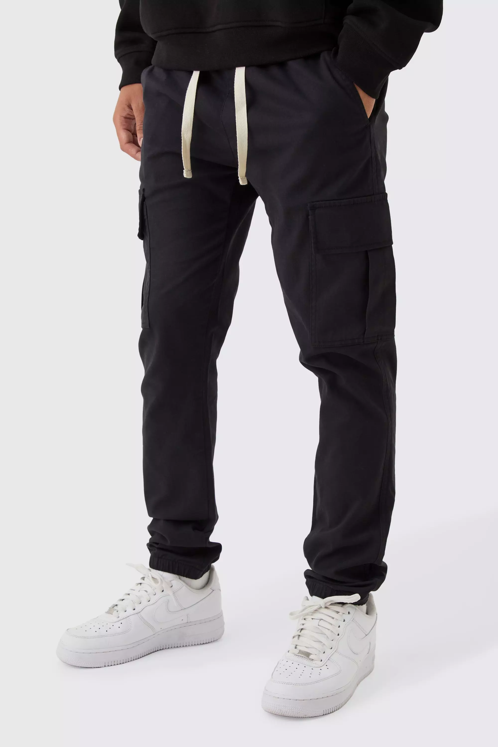 Skinny Fit Elasticated Waist Cuffed Cargo Trousers Black