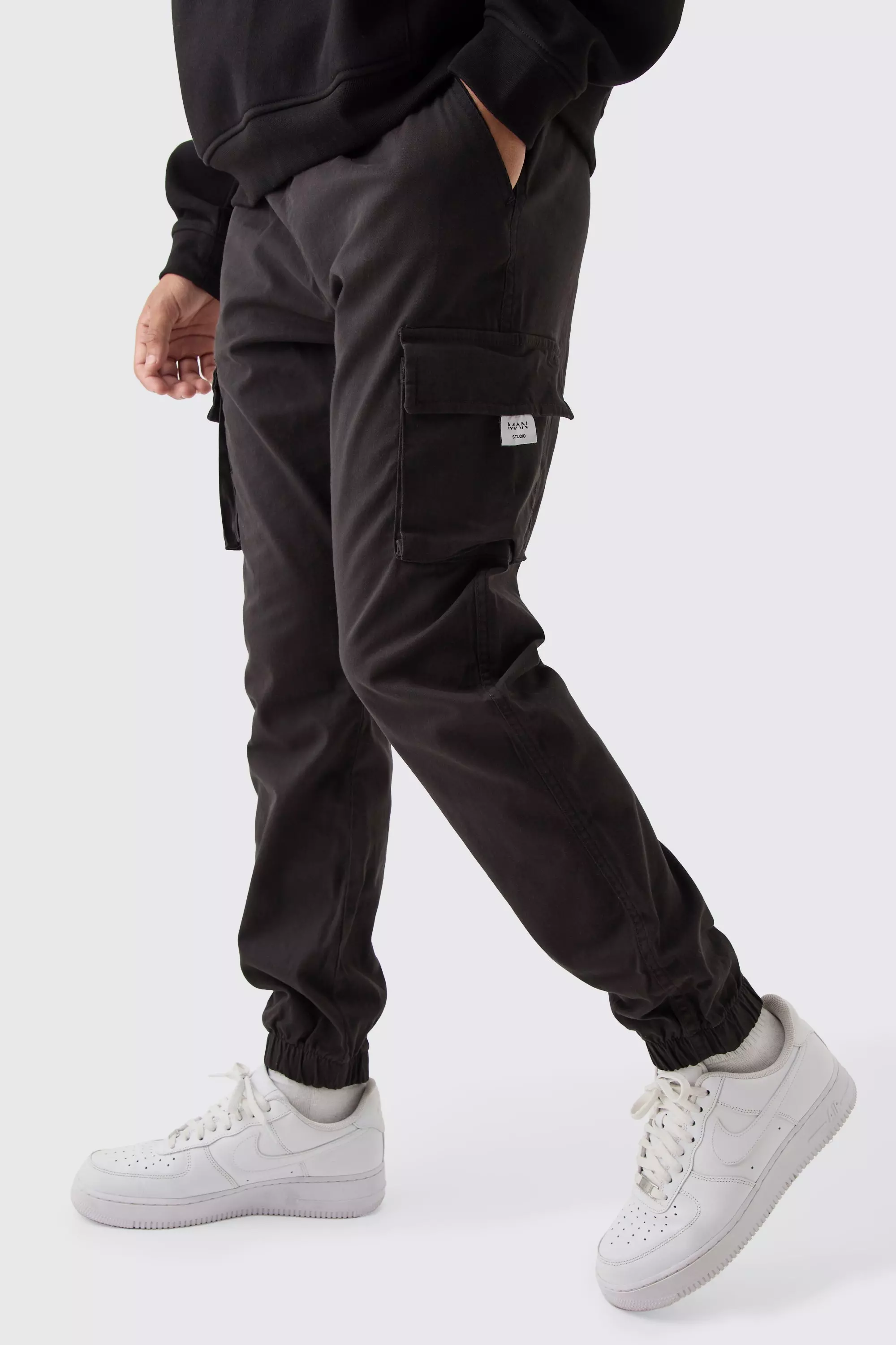 Slim Fit Elasticated Waist Woven Tab Cuffed Cargo Trousers Black