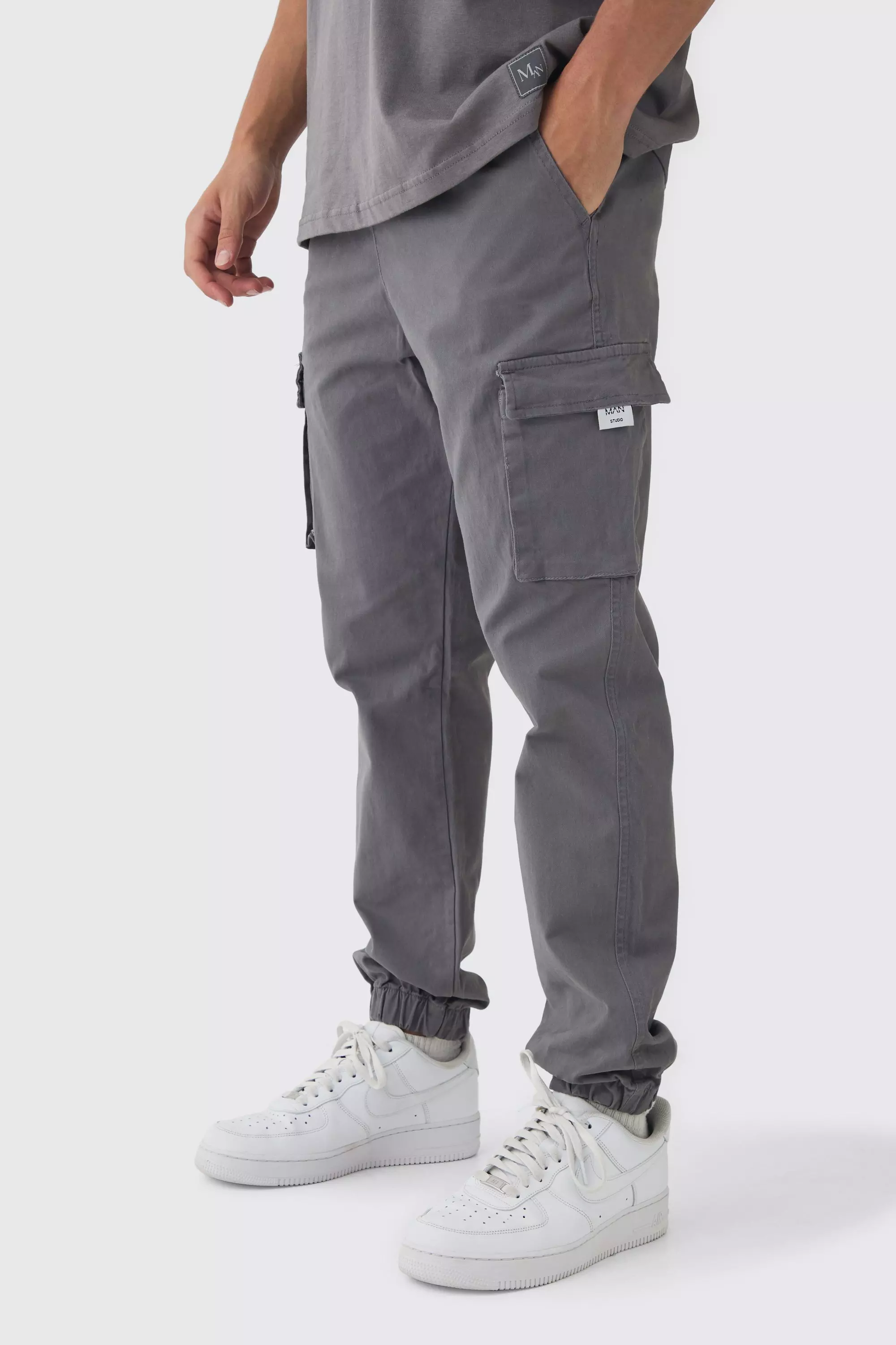 Slim Fit Elasticated Waist Woven Tab Cuffed Cargo Trousers Charcoal