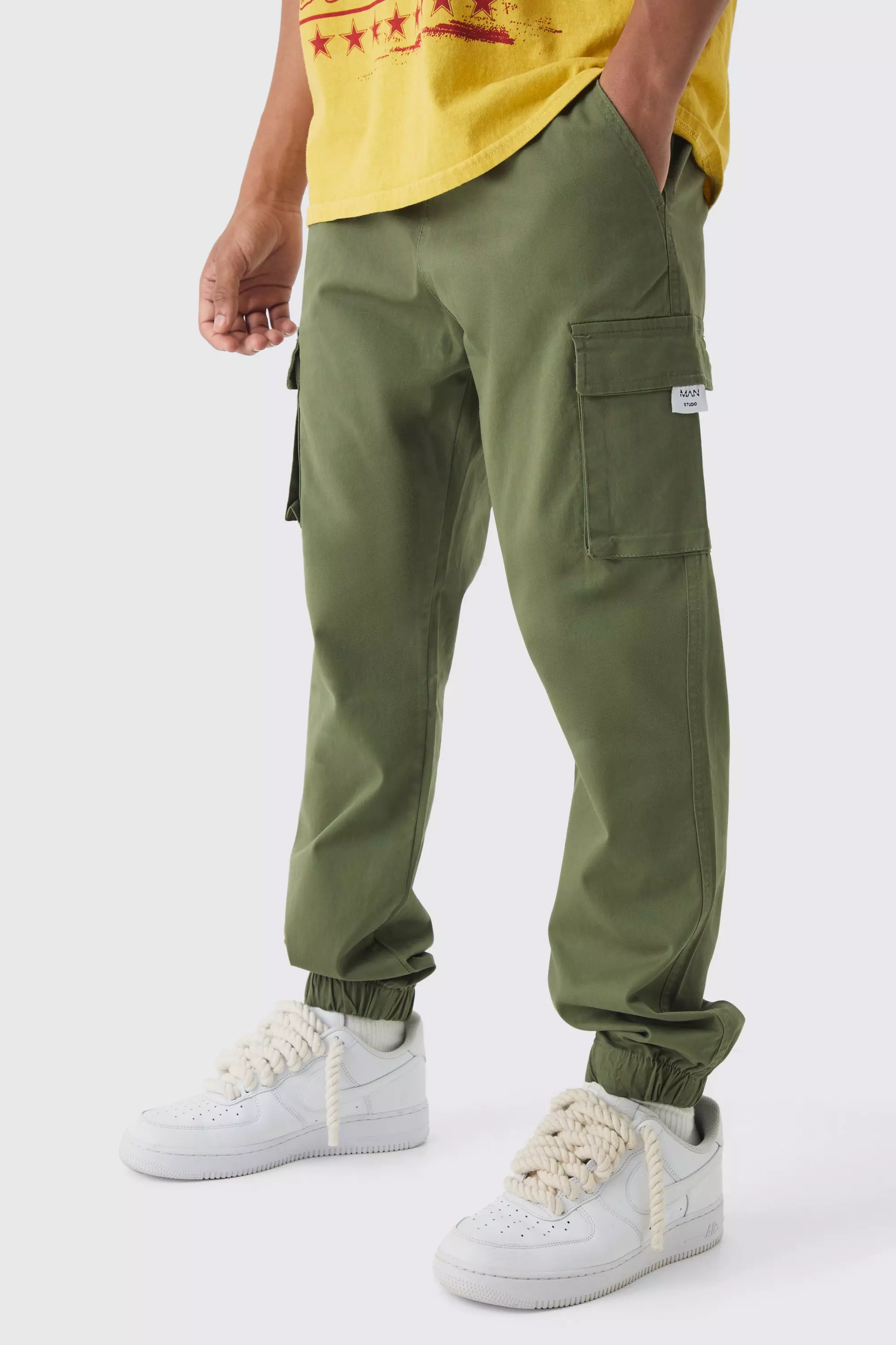 Khaki Slim Fit Elasticated Waist Woven Tab Cuffed Cargo Pants