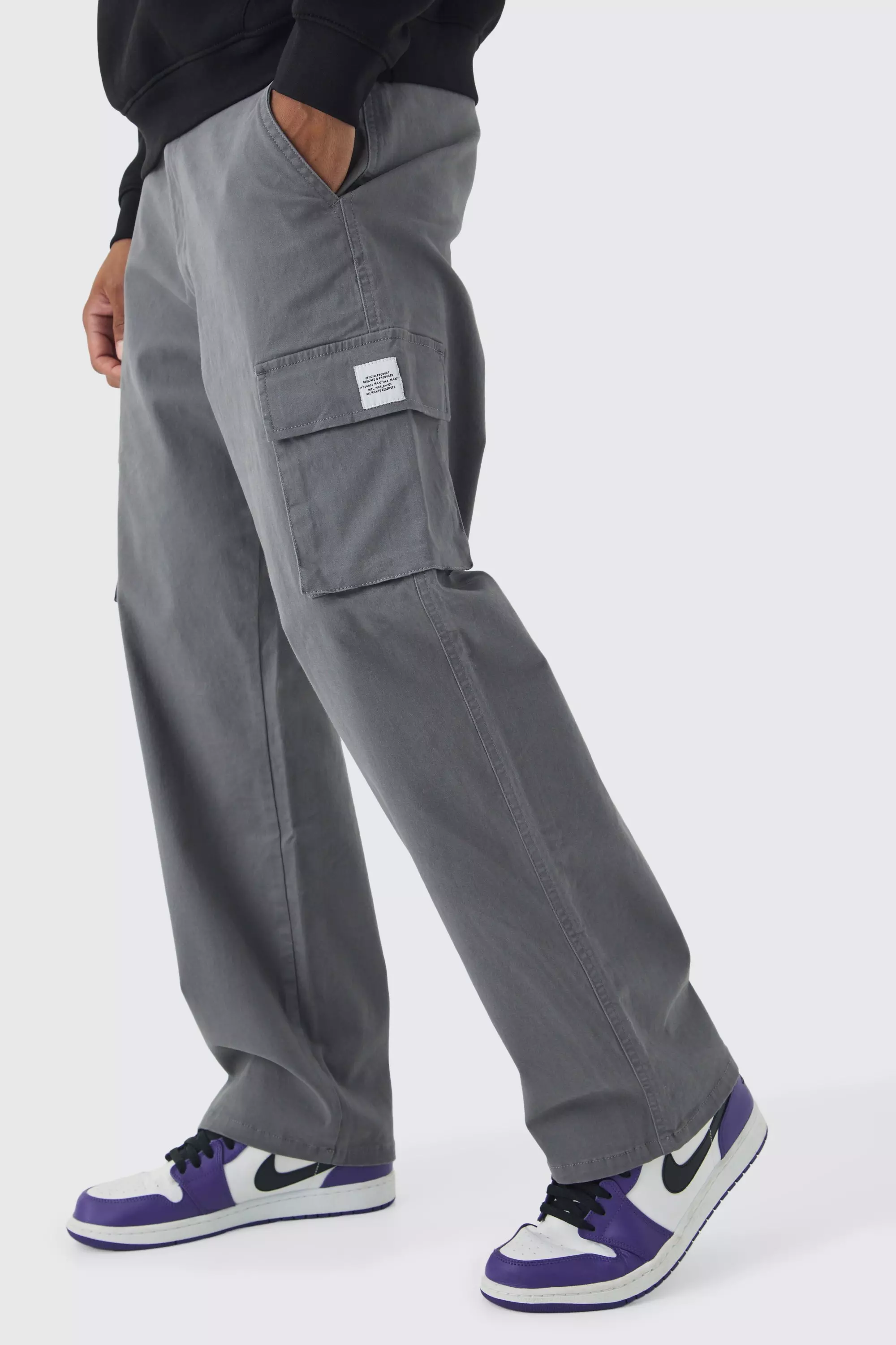 Charcoal Relaxed Fit Fixed Waist Woven Tab Cargo Pants alternative image