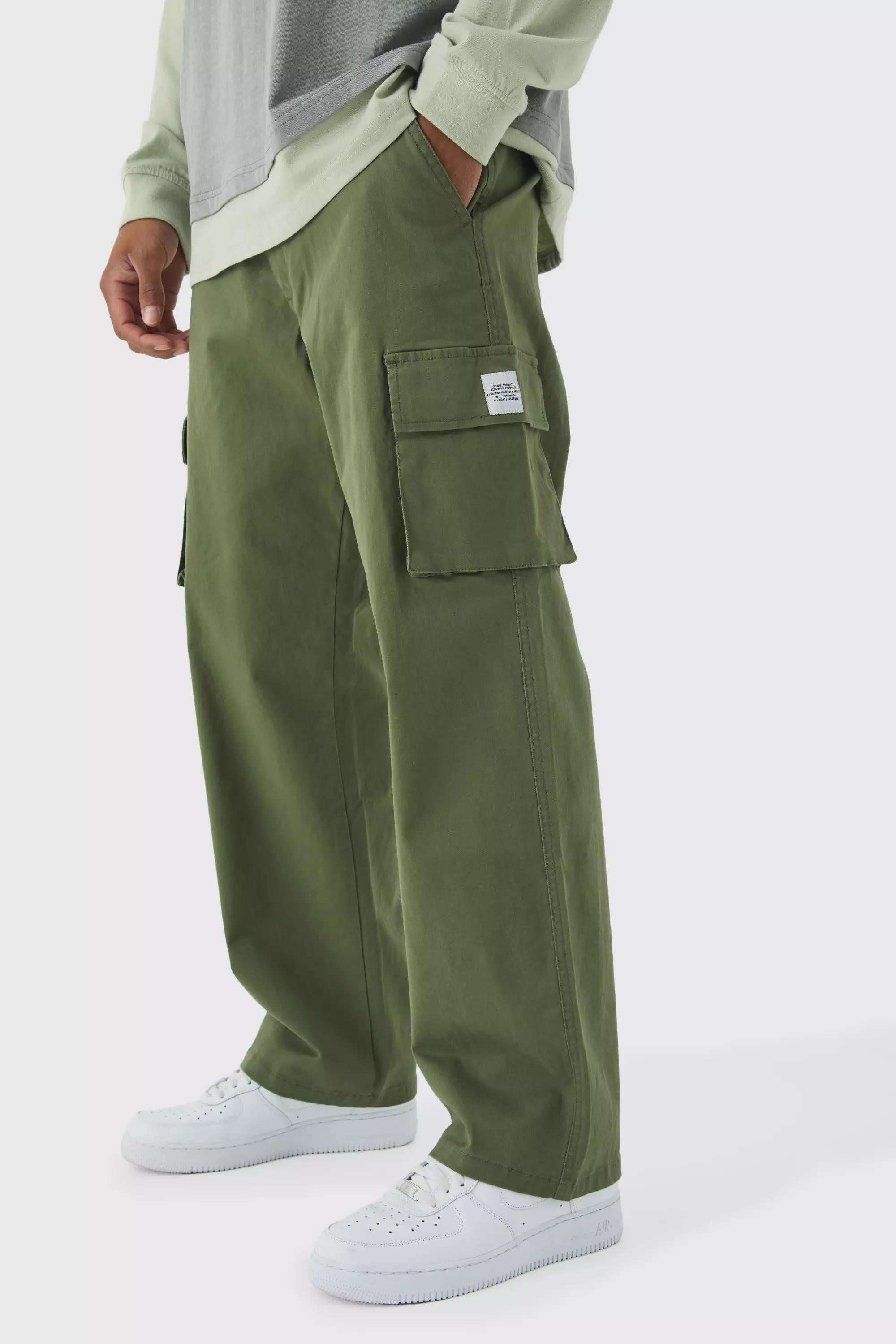 Khaki Relaxed Fit Fixed Waist Woven Tab Cargo Pants