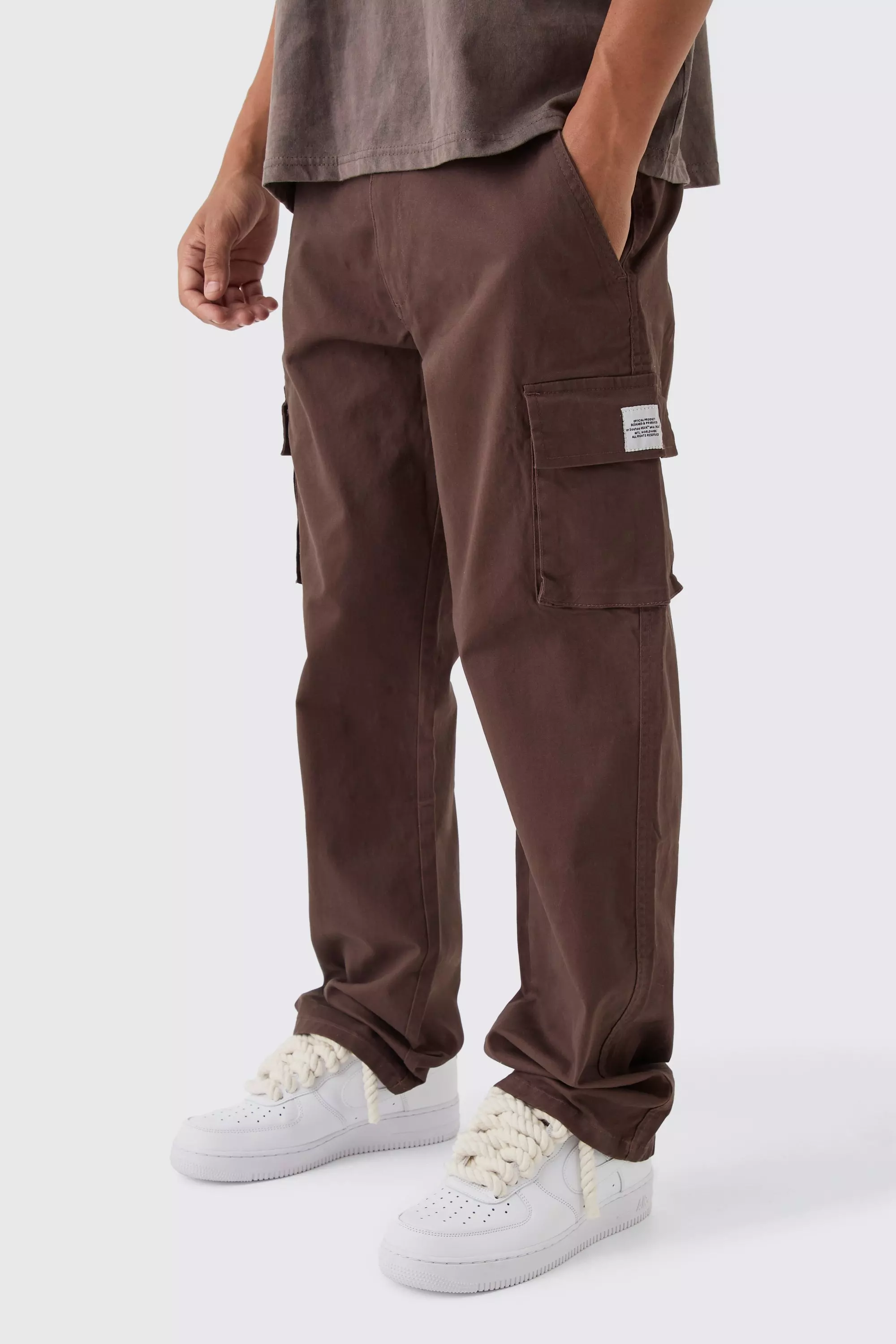 Chocolate Brown Relaxed Fit Fixed Waist Woven Tab Cargo Pants