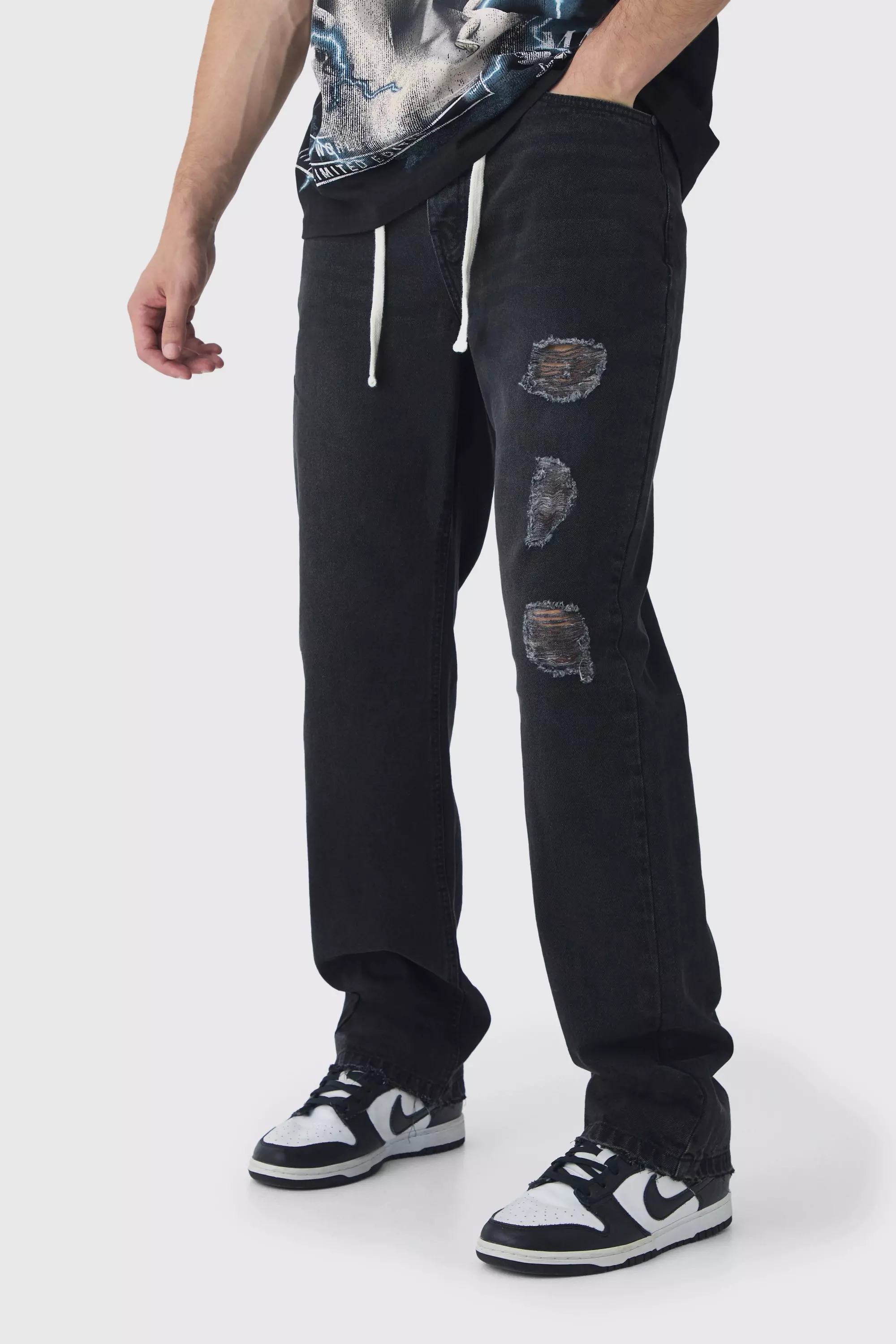 Tall - Jean large déchiré à cordon de serrage, Washed black autre image