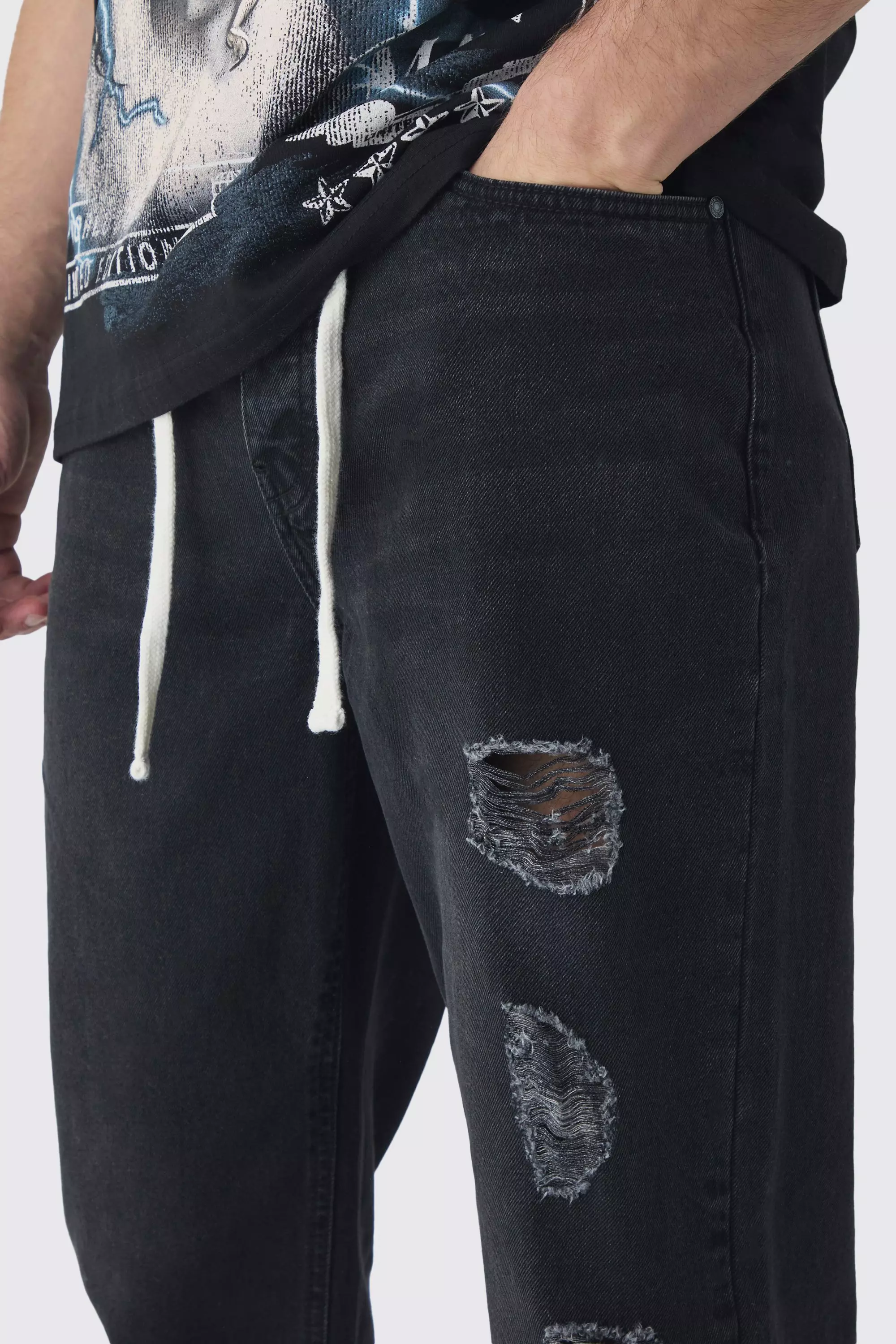 Tall - Jean large déchiré à cordon de serrage, Washed black autre image