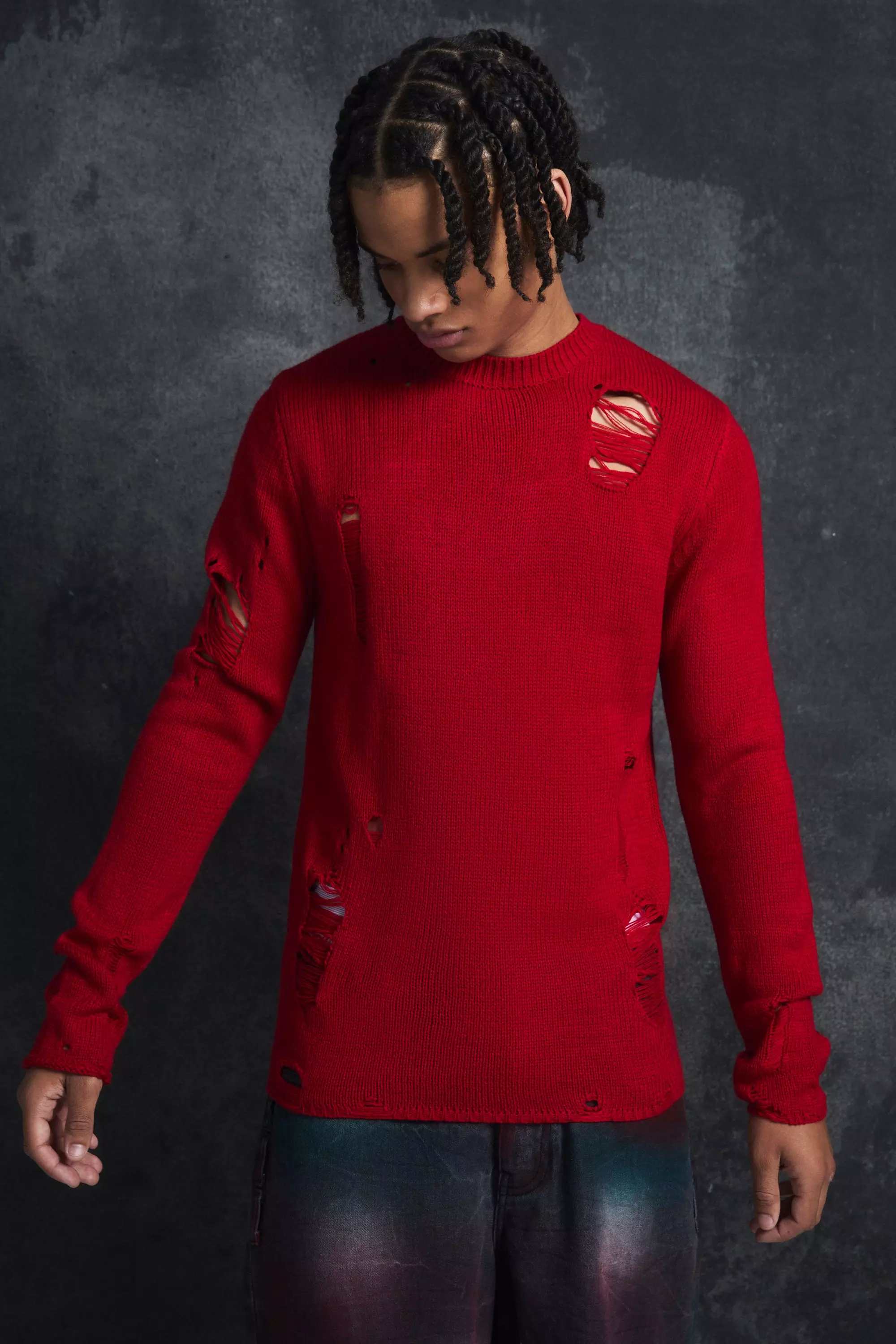 Trippie Redd Muscle Fit Distressed Jumper Red