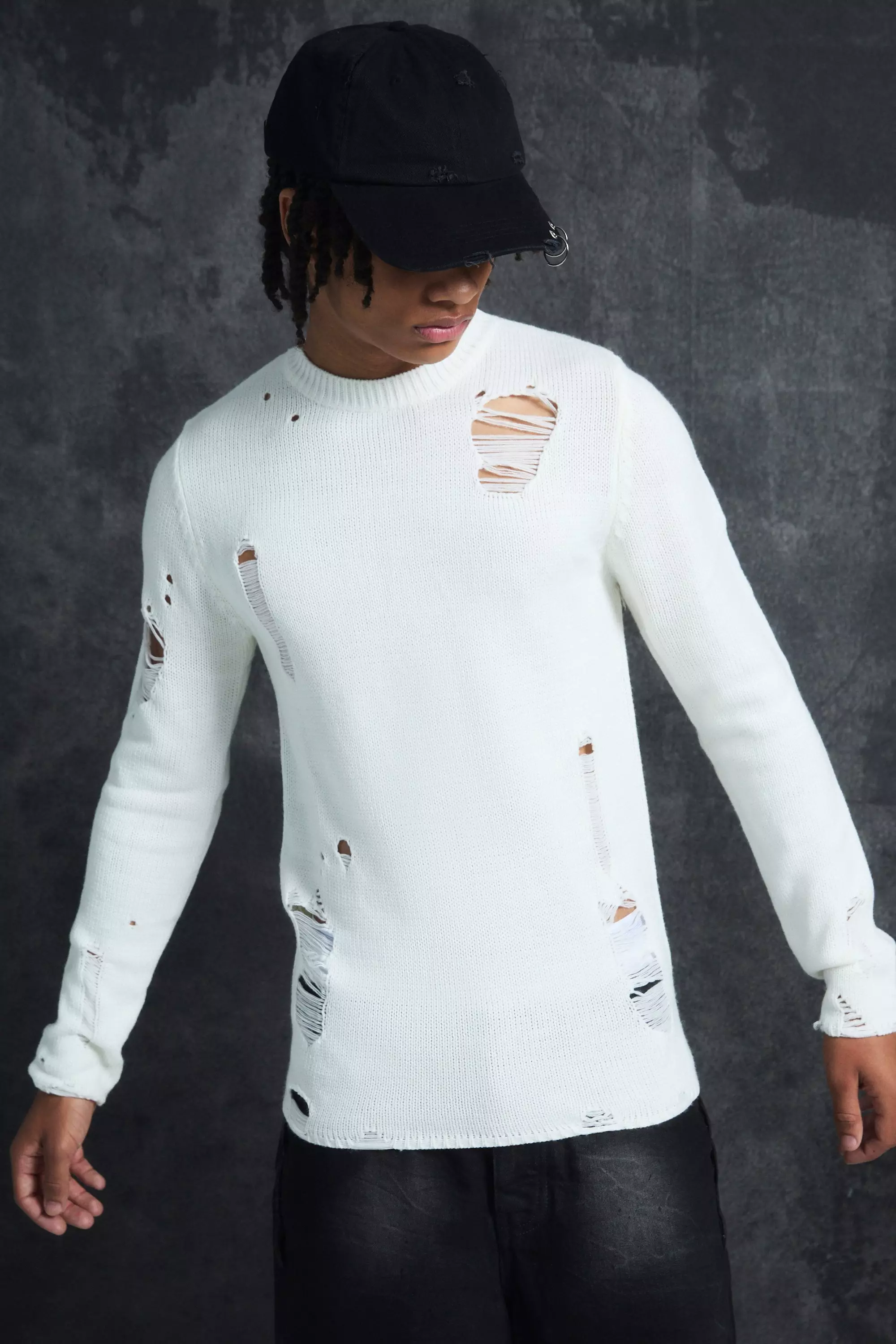 Trippie Redd Muscle Fit Distressed Jumper White