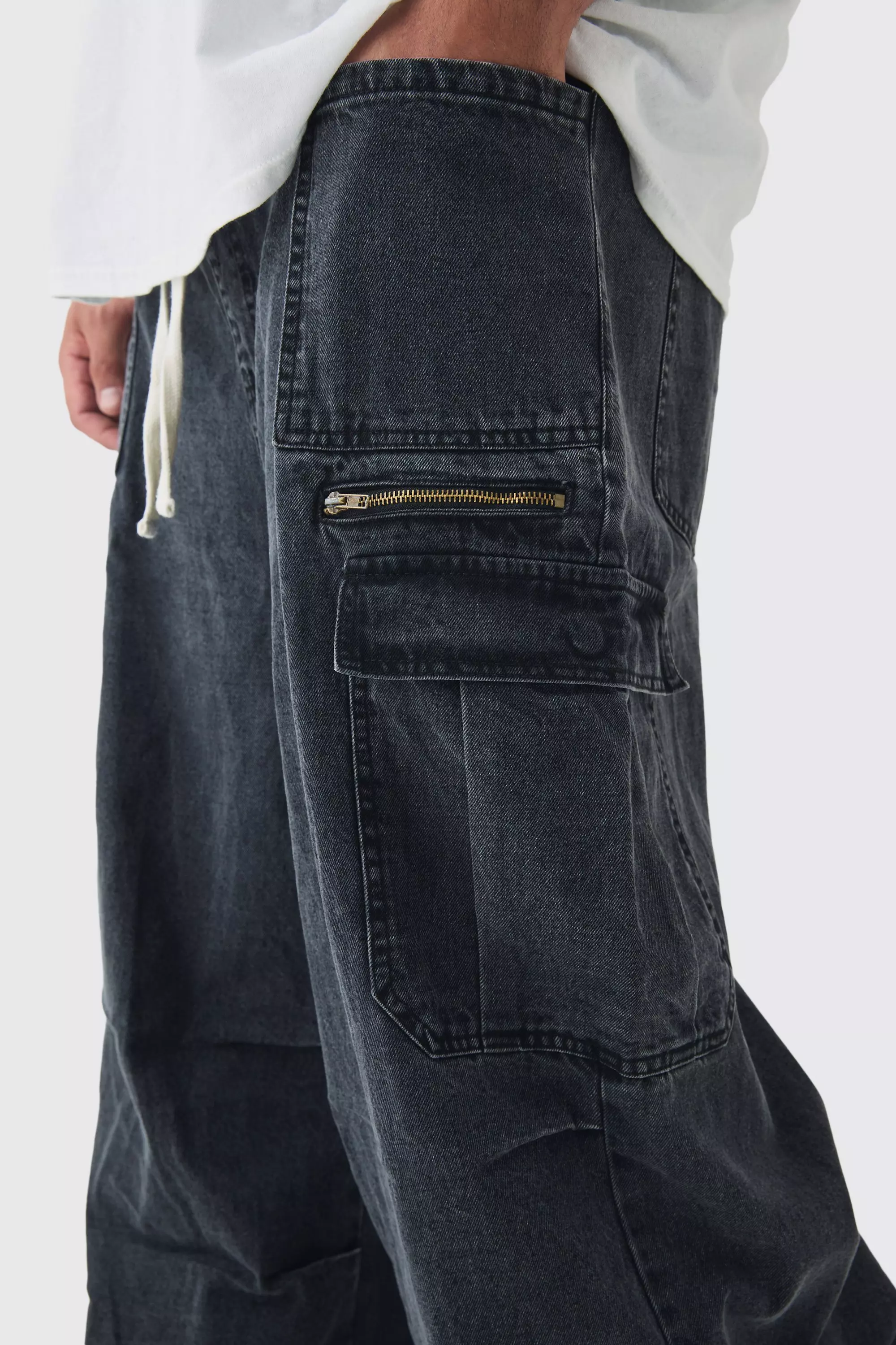 【BAON】Mongbs Washing Parachute Denim Pants Denim Parachute Cargo Pant Little Girls 4-6x - Light Wash
