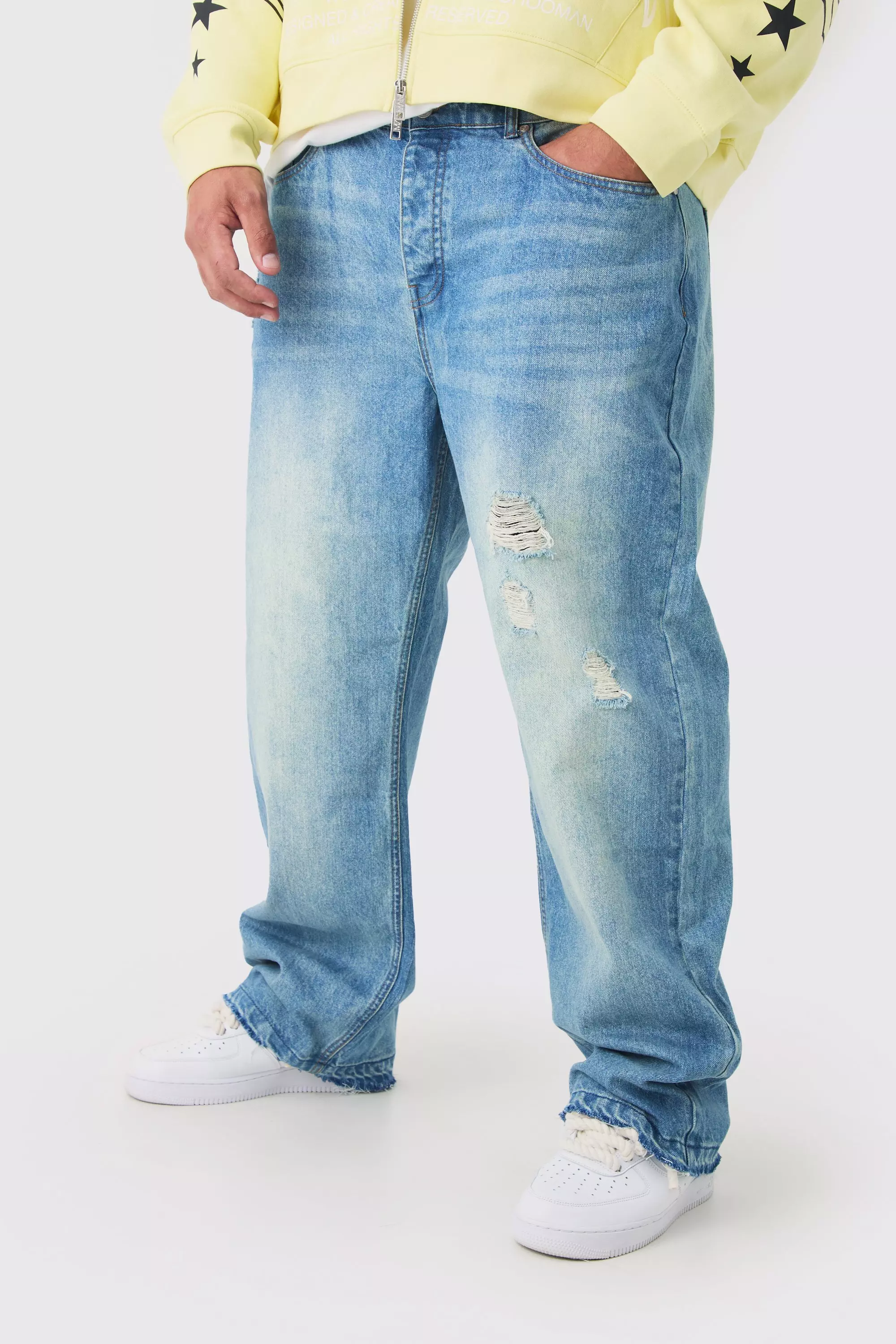 Blue Plus Relaxed Ripped Let Down Hem Jeans With Extended Drawcords