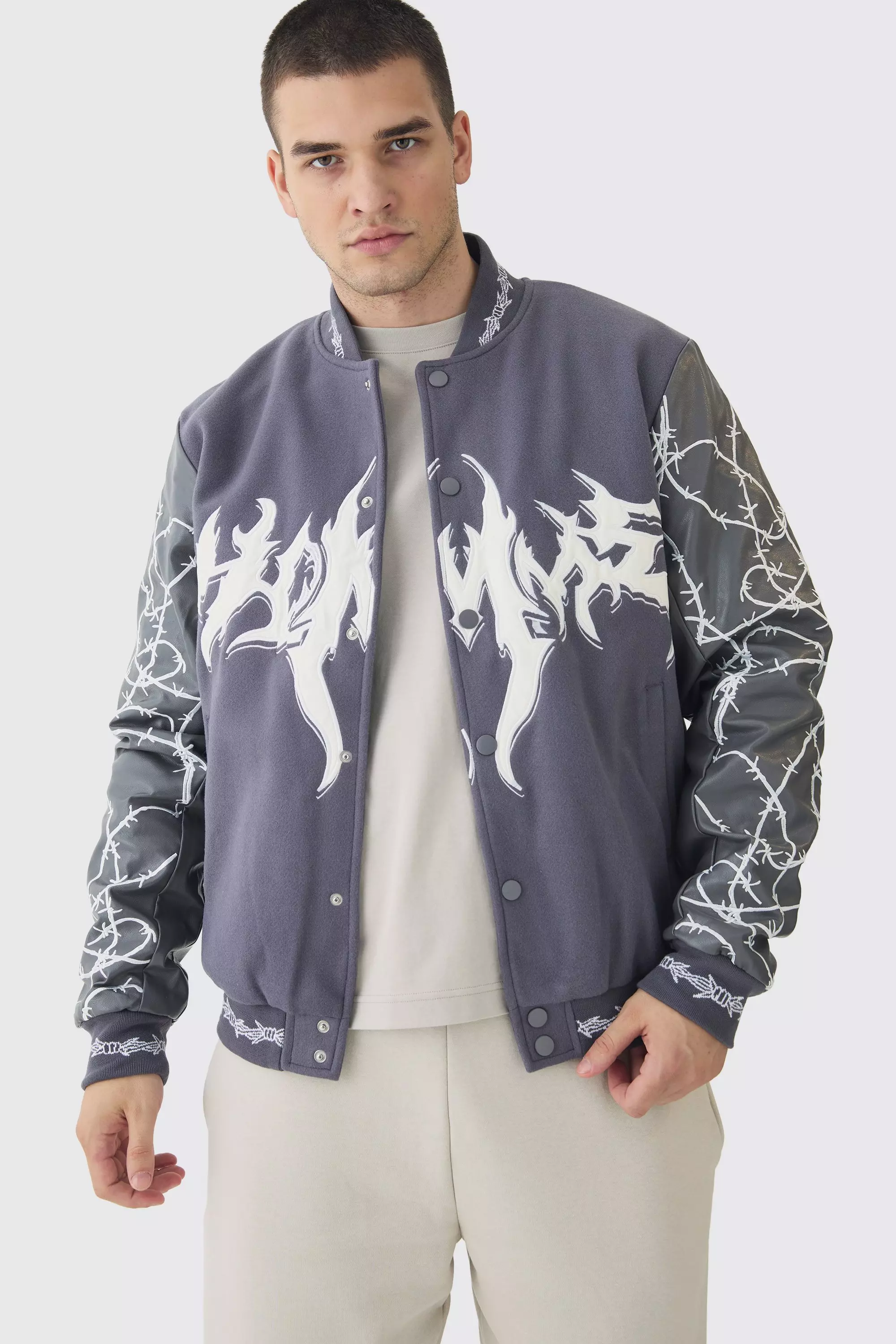 Grey Tall Gothic Applique Bomber Jacket