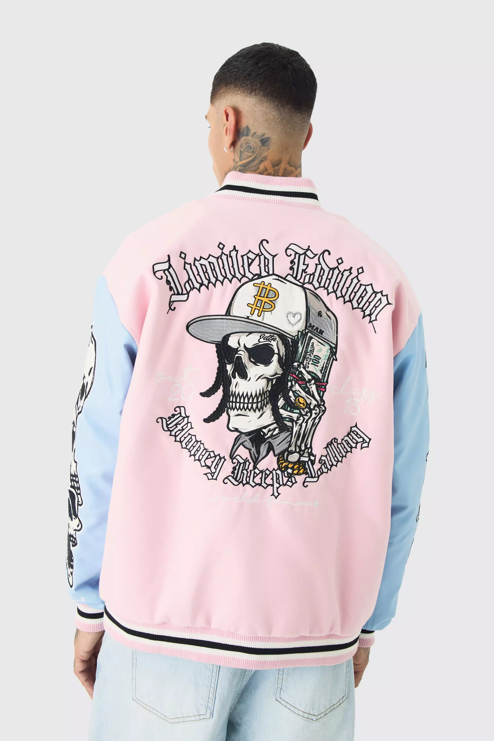 Pink Tall Limited Edition Skull Applique Pu Sleeve Bomber Jacket