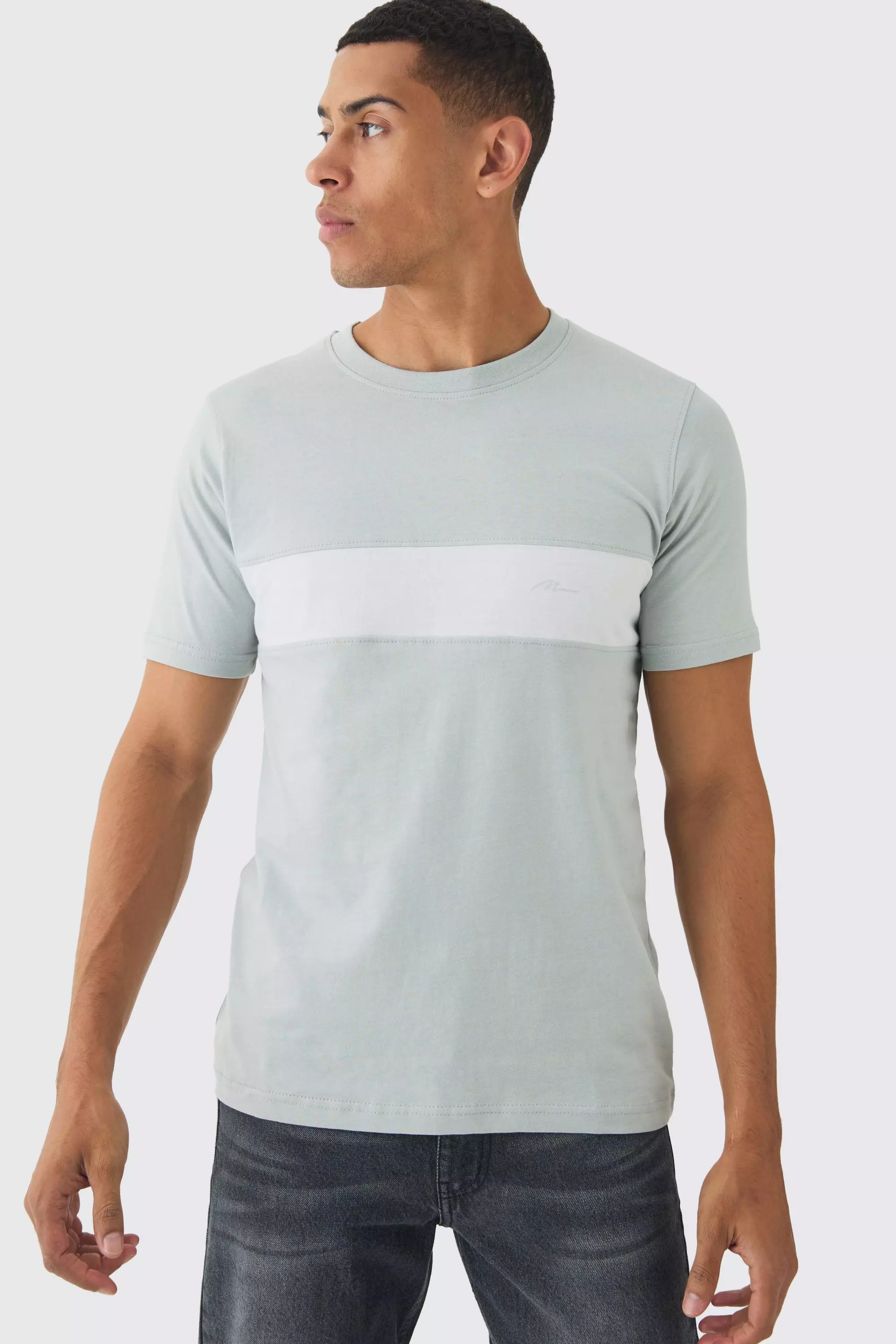 Man Script Slim Colour Block T-shirt Light grey