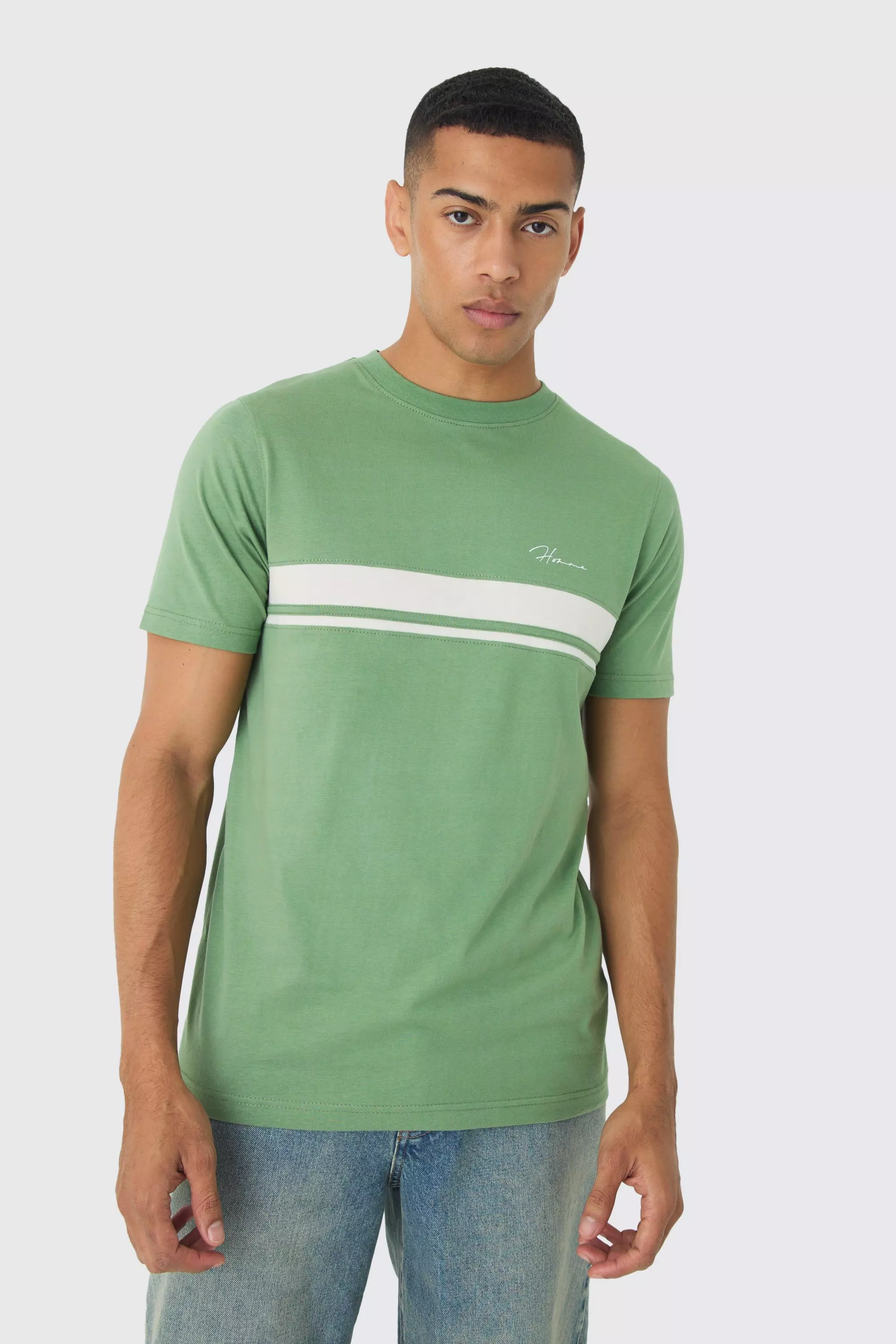 Slim Homme Script Colour Block T-shirt Khaki