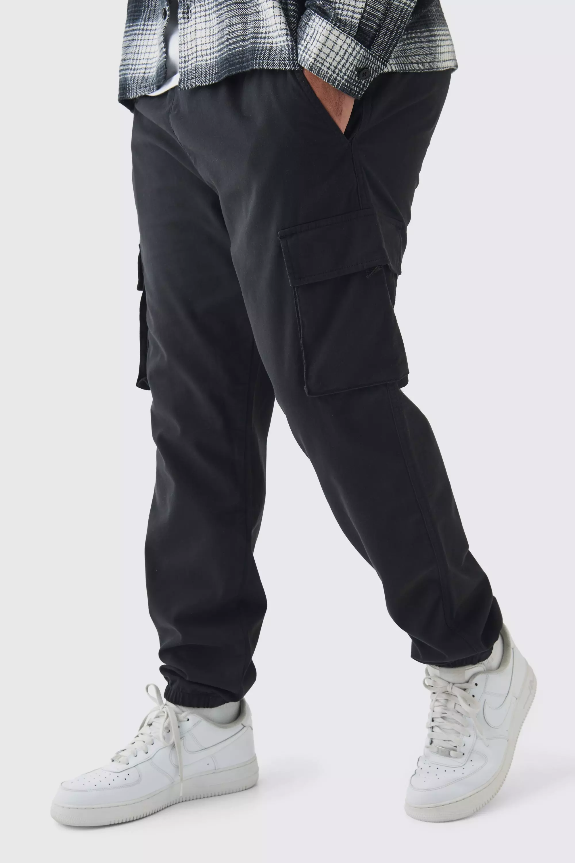 Plus Skinny Fit Elasticated Waist Cuffed Cargo Trousers Black