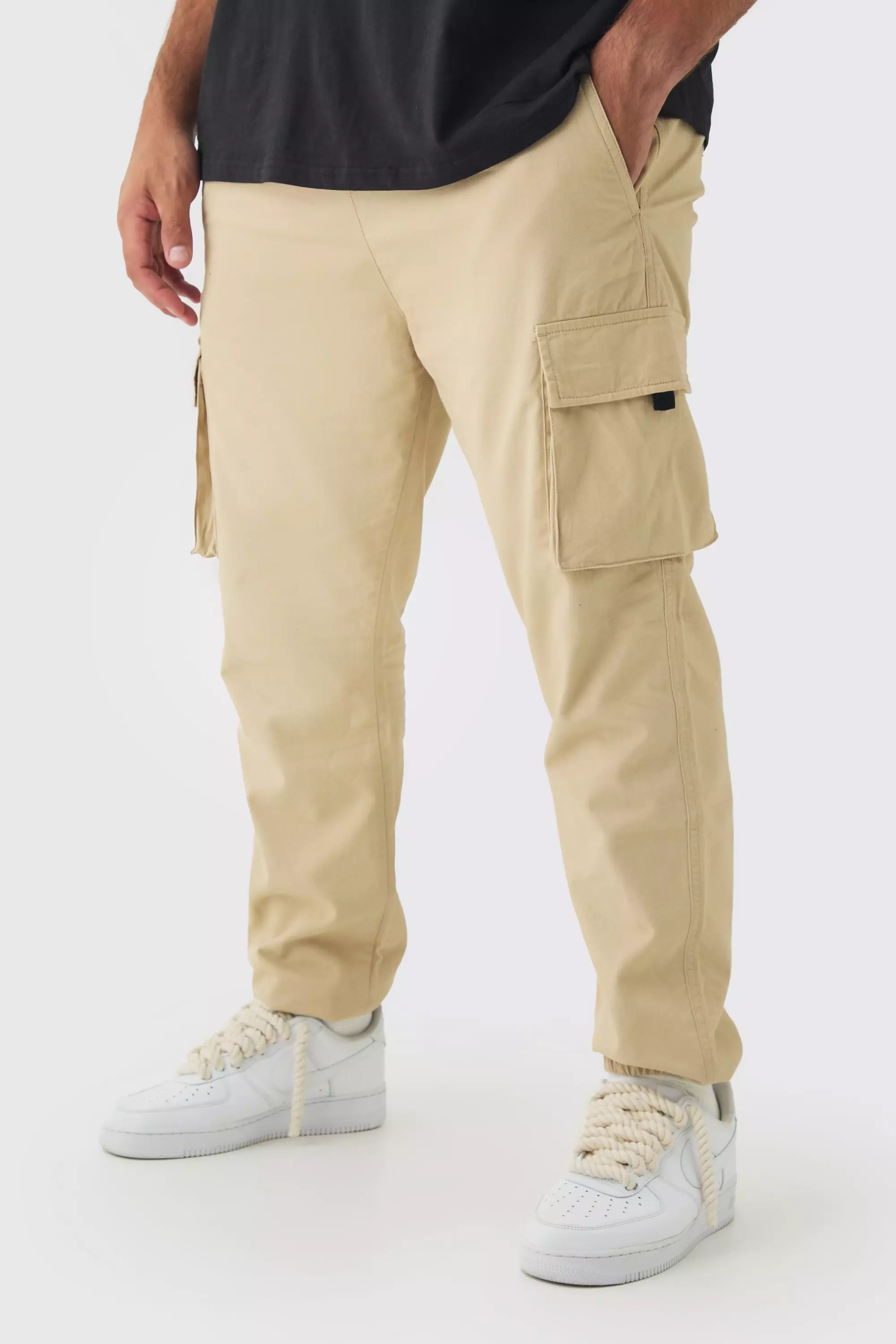 Plus Skinny Fit Elasticated Waist Cuffed Cargo Trousers Stone