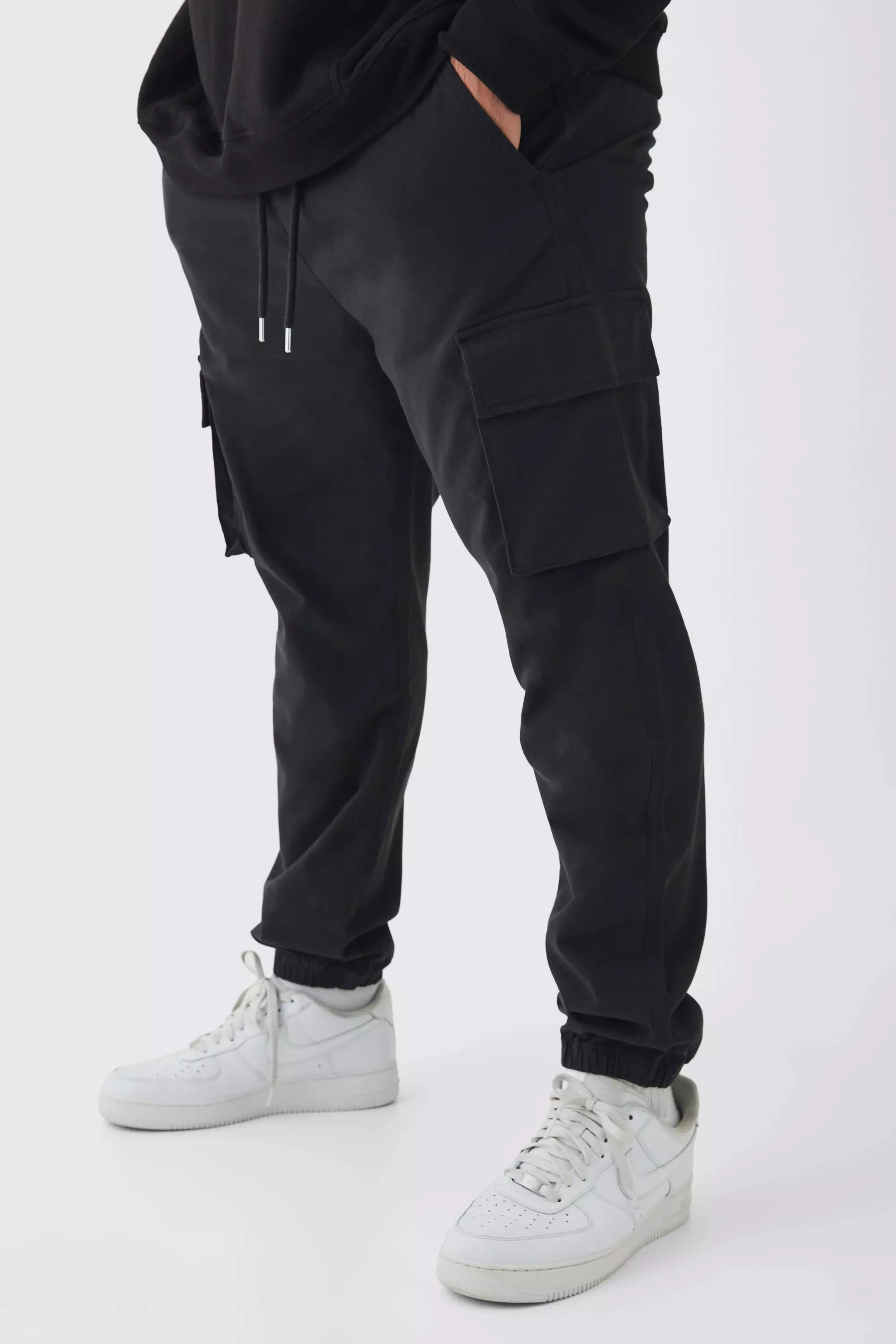 Plus Slim Fit Elasticated Waist Cuffed Cargo Trousers Black