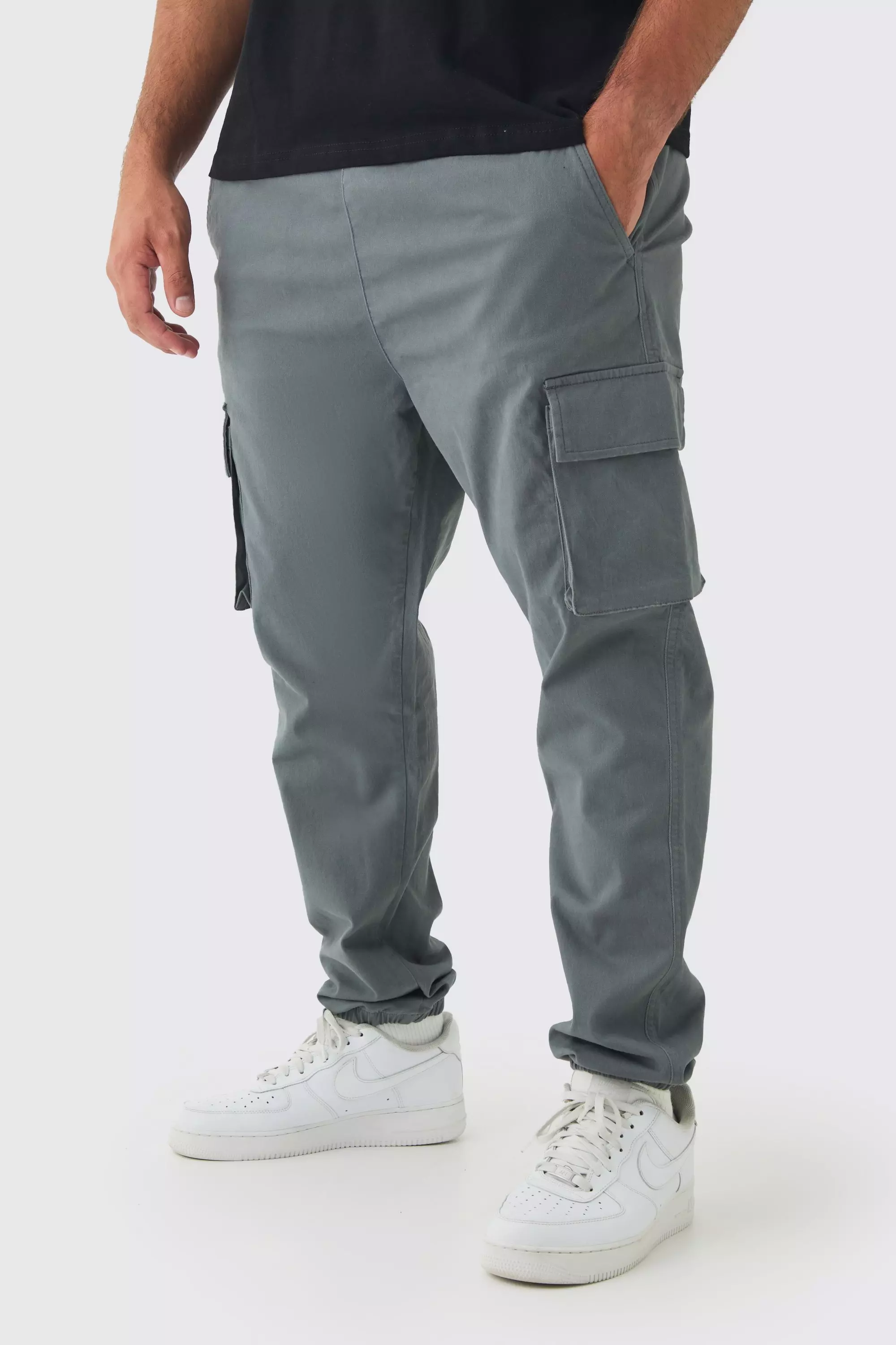 Plus Slim Fit Elasticated Waist Cuffed Cargo Trousers Charcoal