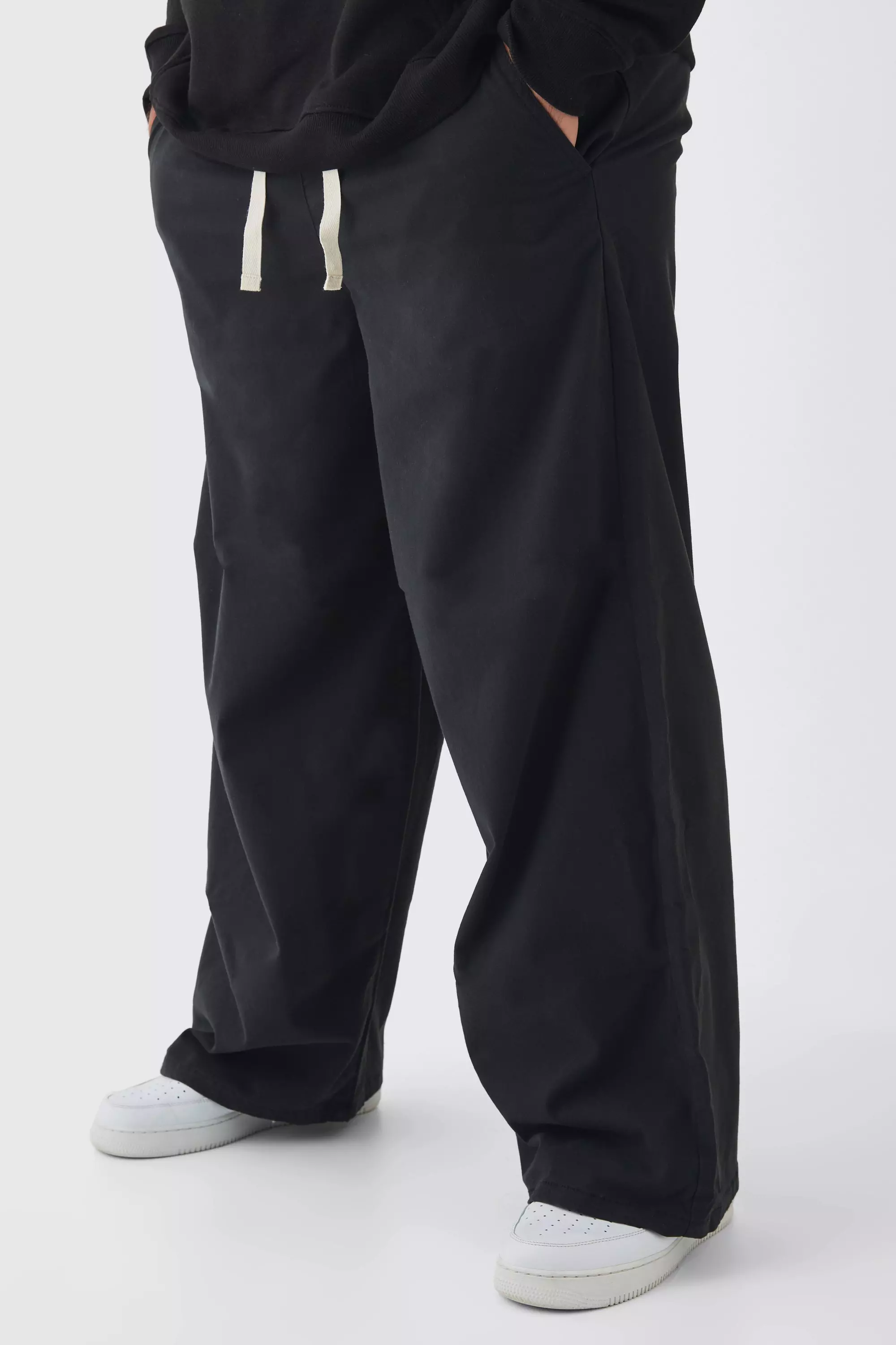 Black Plus Baggy Fit Elasticated Waist Contrast Drawcord Pants