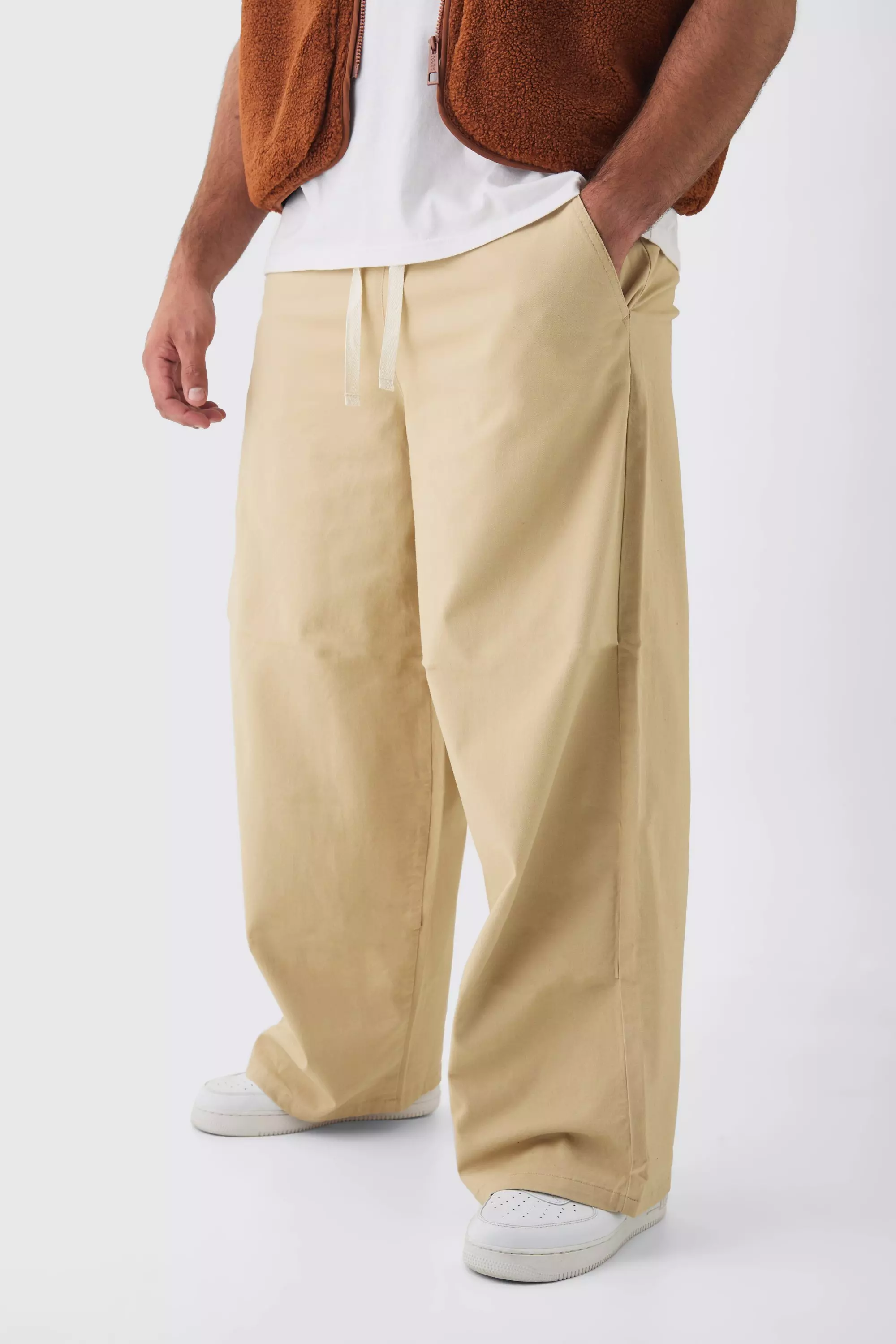 Plus Baggy Fit Elasticated Waist Contrast Drawcord Pants Stone