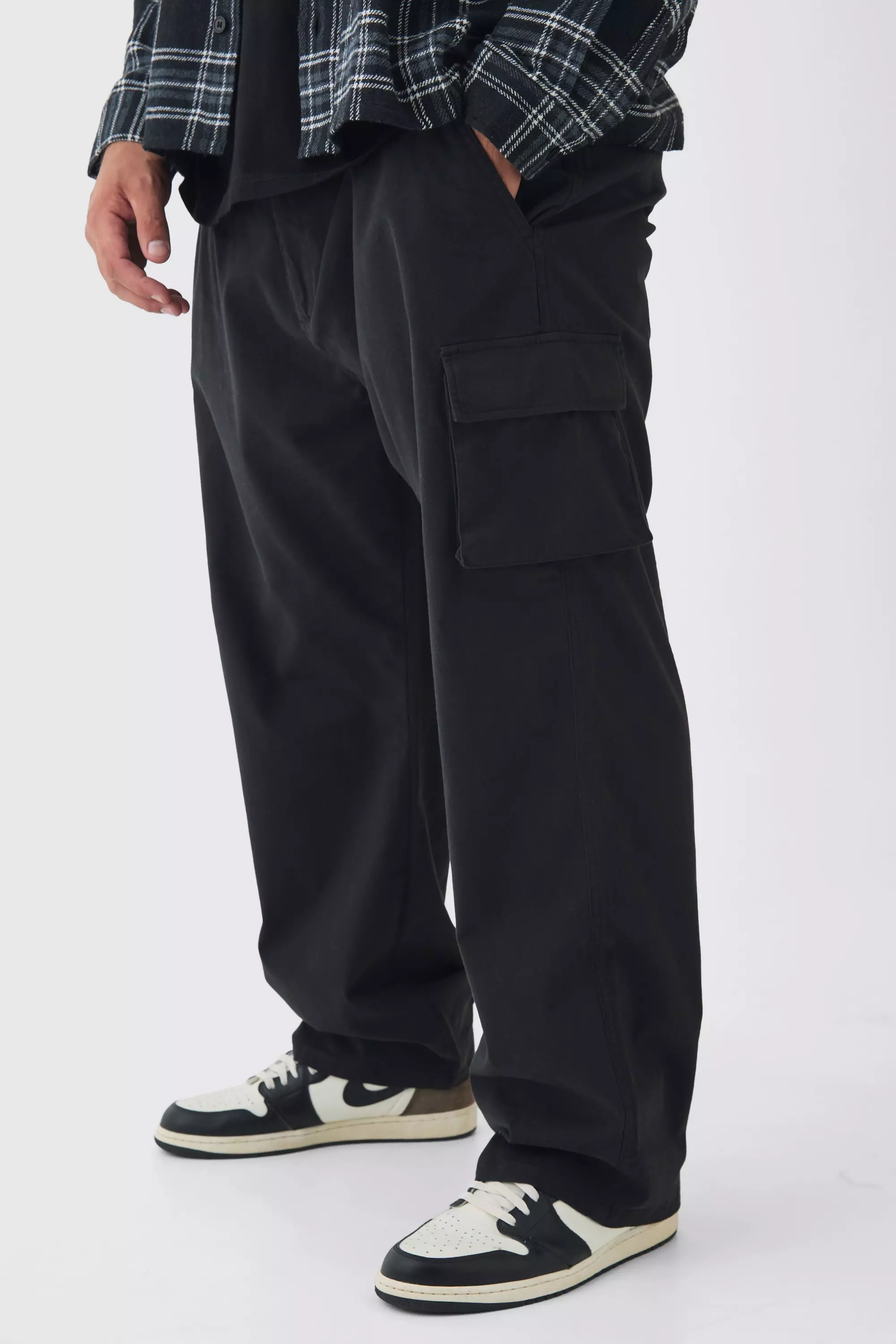 Plus Relaxed Fit Fixed Waist Cargo Trousers Black