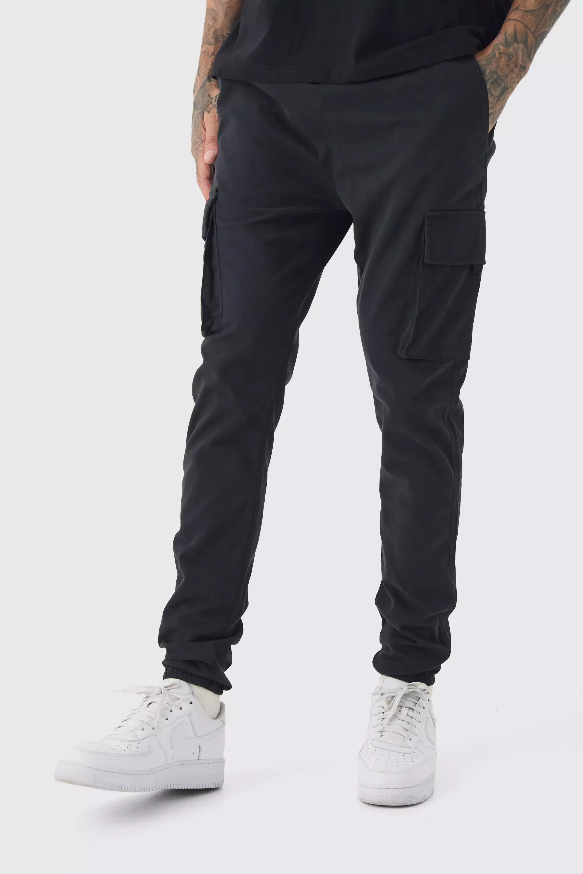 Tall Skinny Fit Elasticated Waist Cuffed Cargo Trousers Black