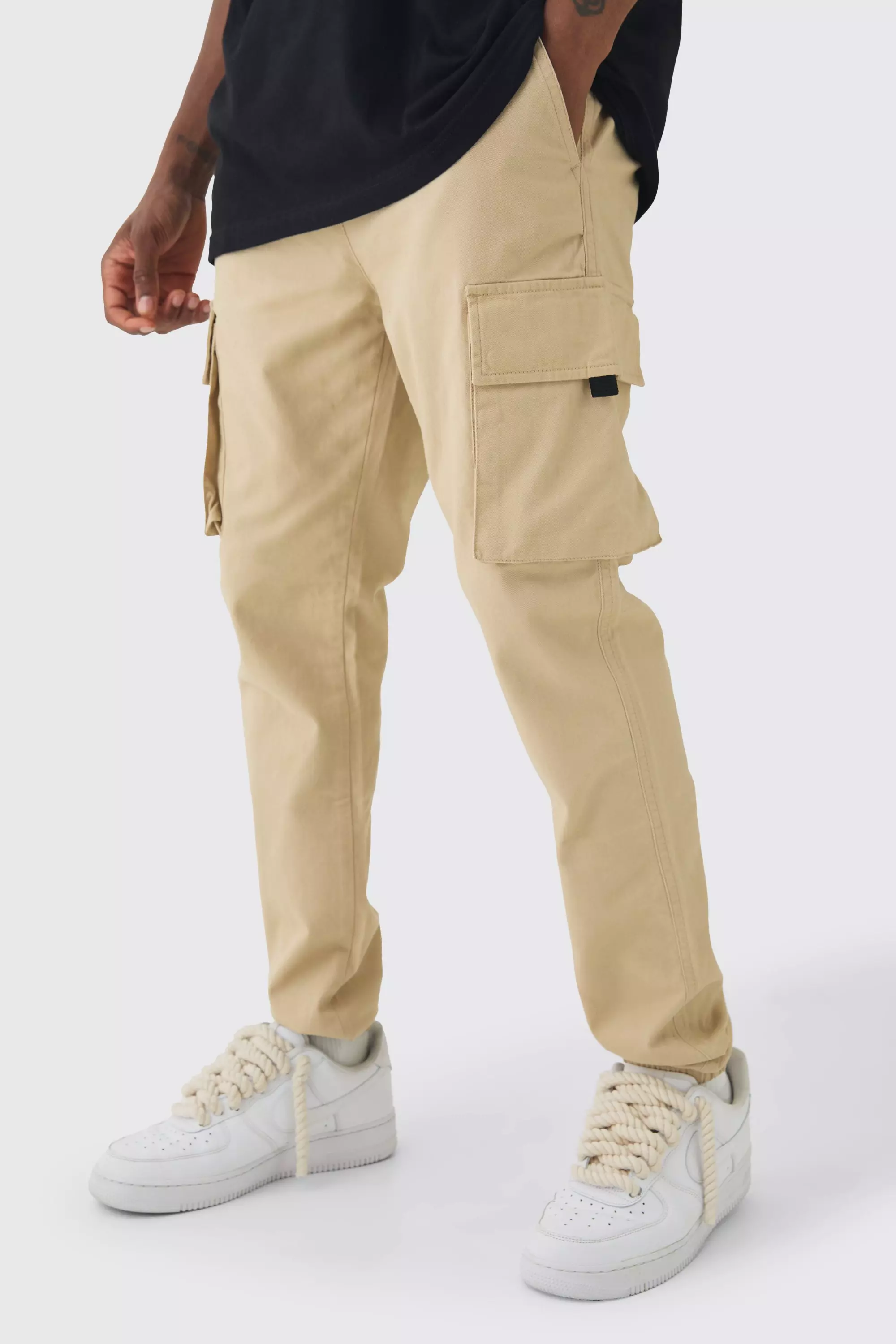 Tall Skinny Fit Elasticated Waist Cuffed Cargo Trousers Stone