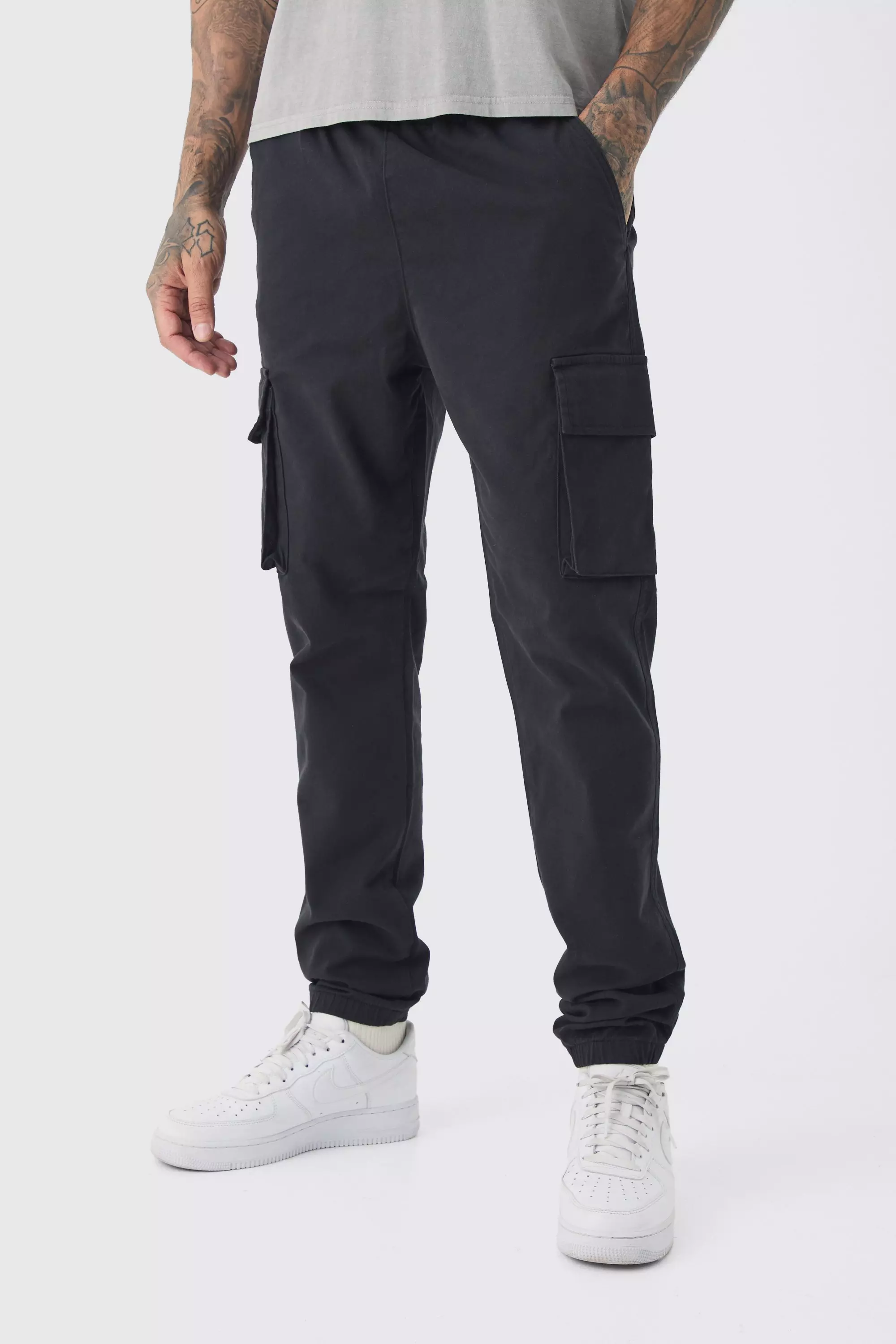 Tall Slim Fit Elasticated Waist Cuffed Cargo Trousers Black