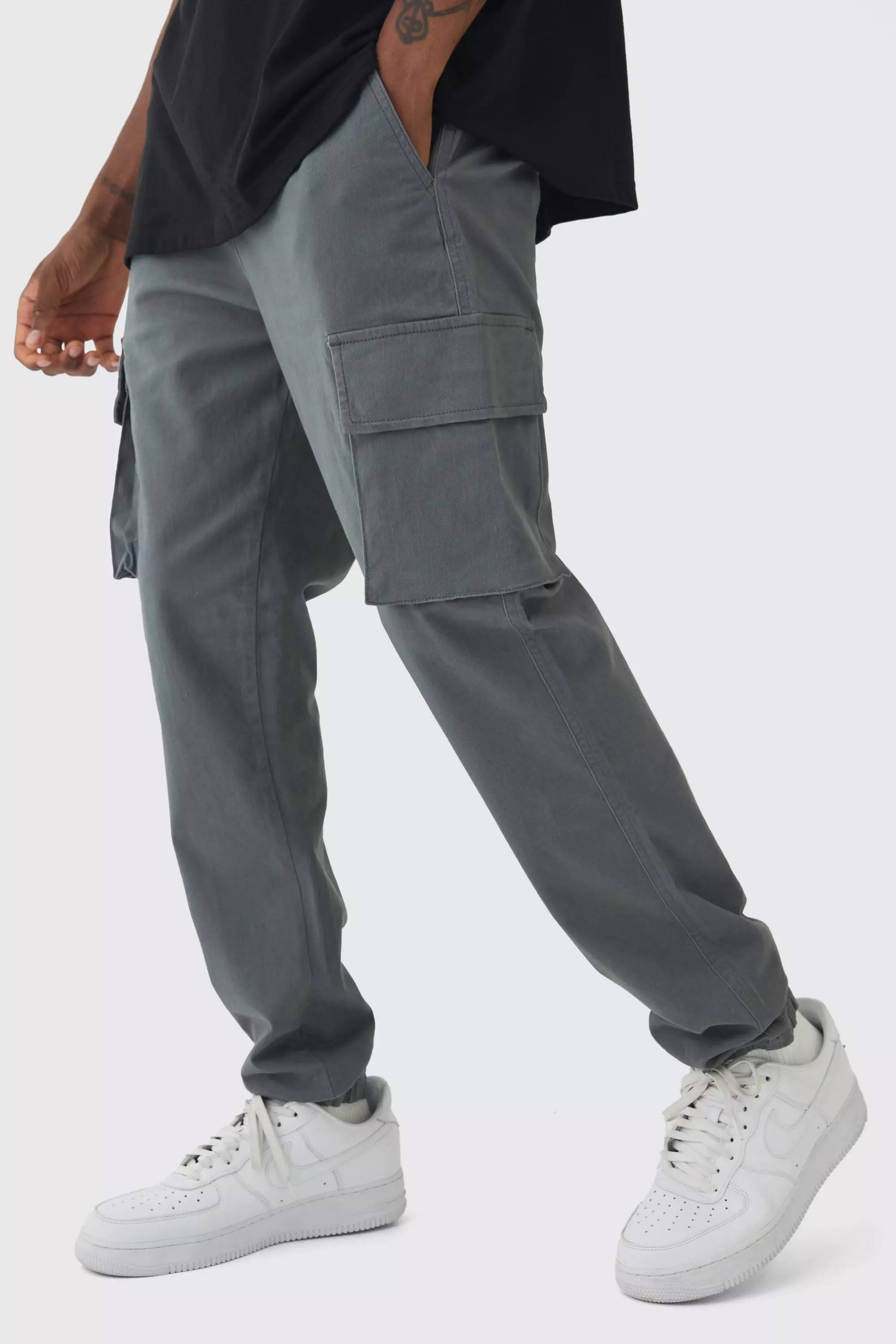 Tall Slim Fit Elasticated Waist Cuffed Cargo Trousers Charcoal