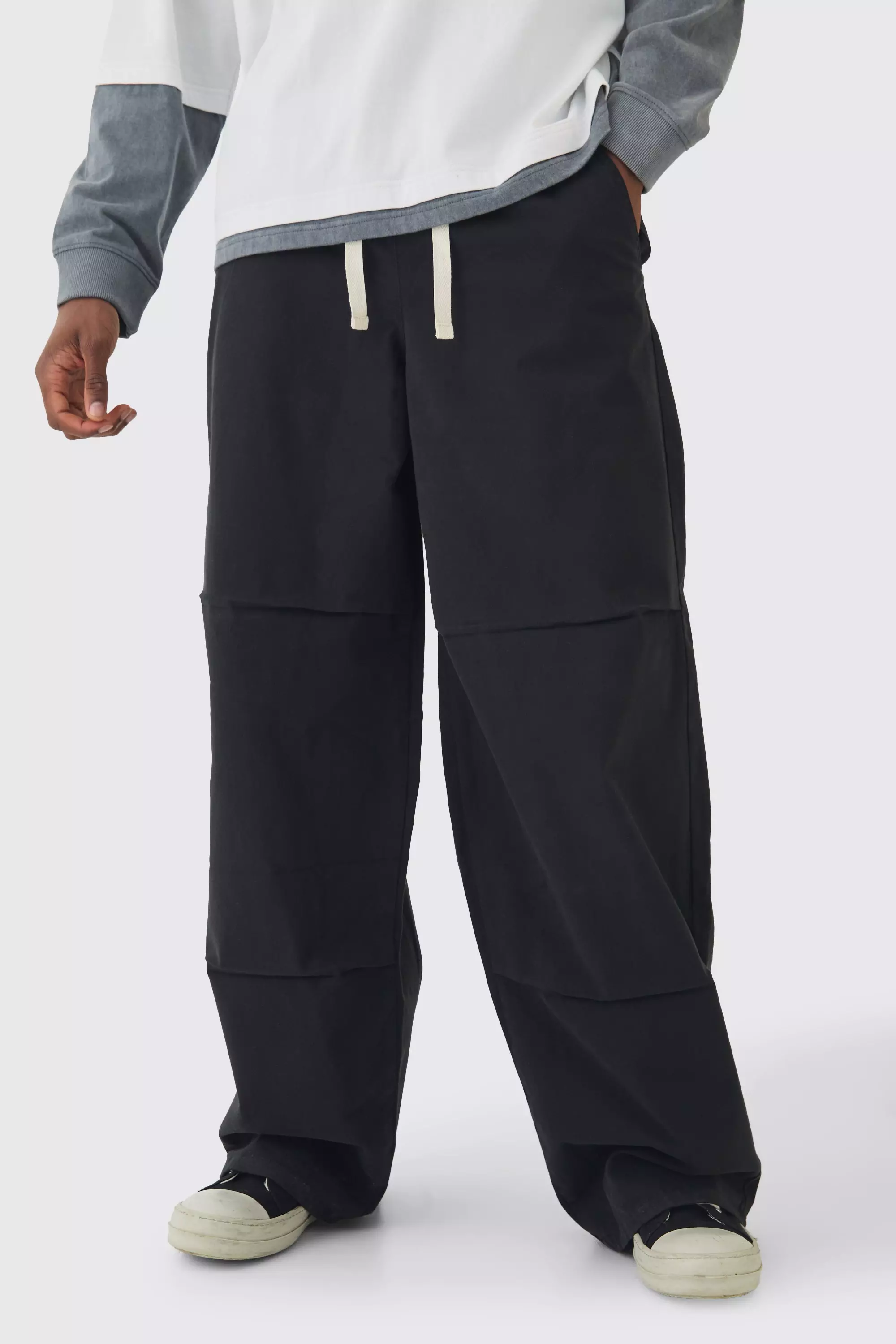 Tall Baggy Fit Elasticated Waist Contrast Drawcord Pants Black