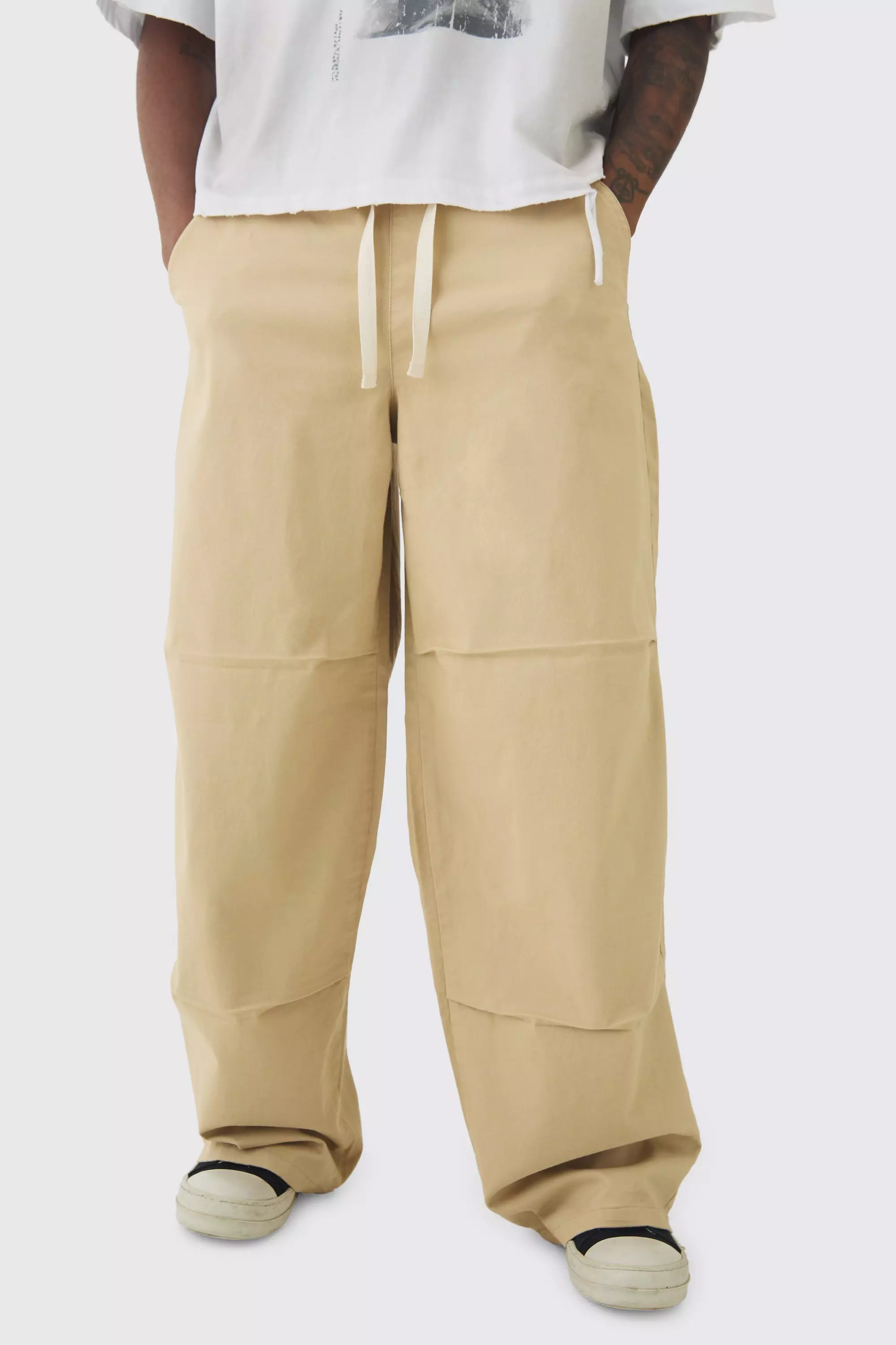 Tall Baggy Fit Elasticated Waist Contrast Drawcord Pants Stone