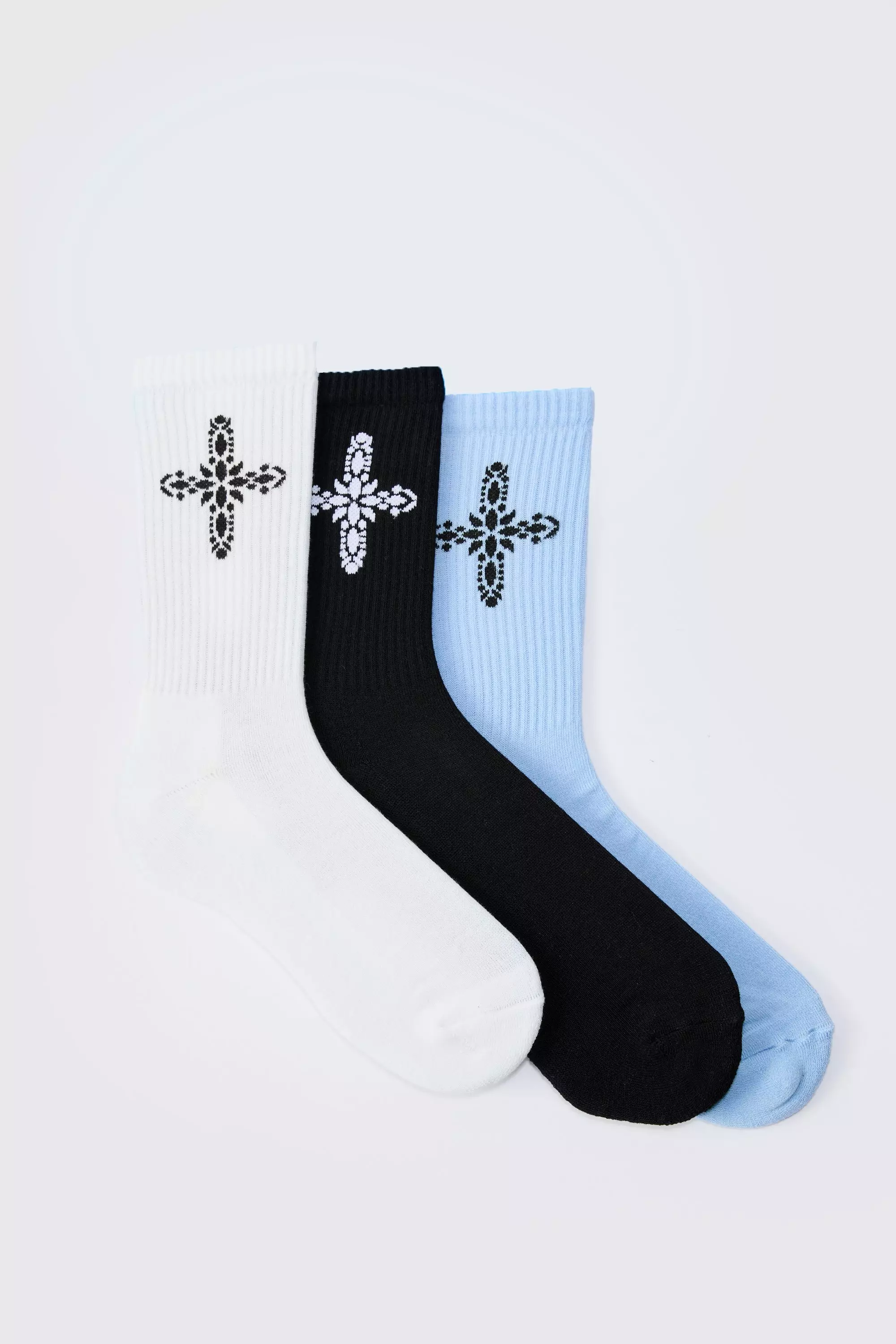 Multi 3 Pack Cross Graphic Ribbed Socks