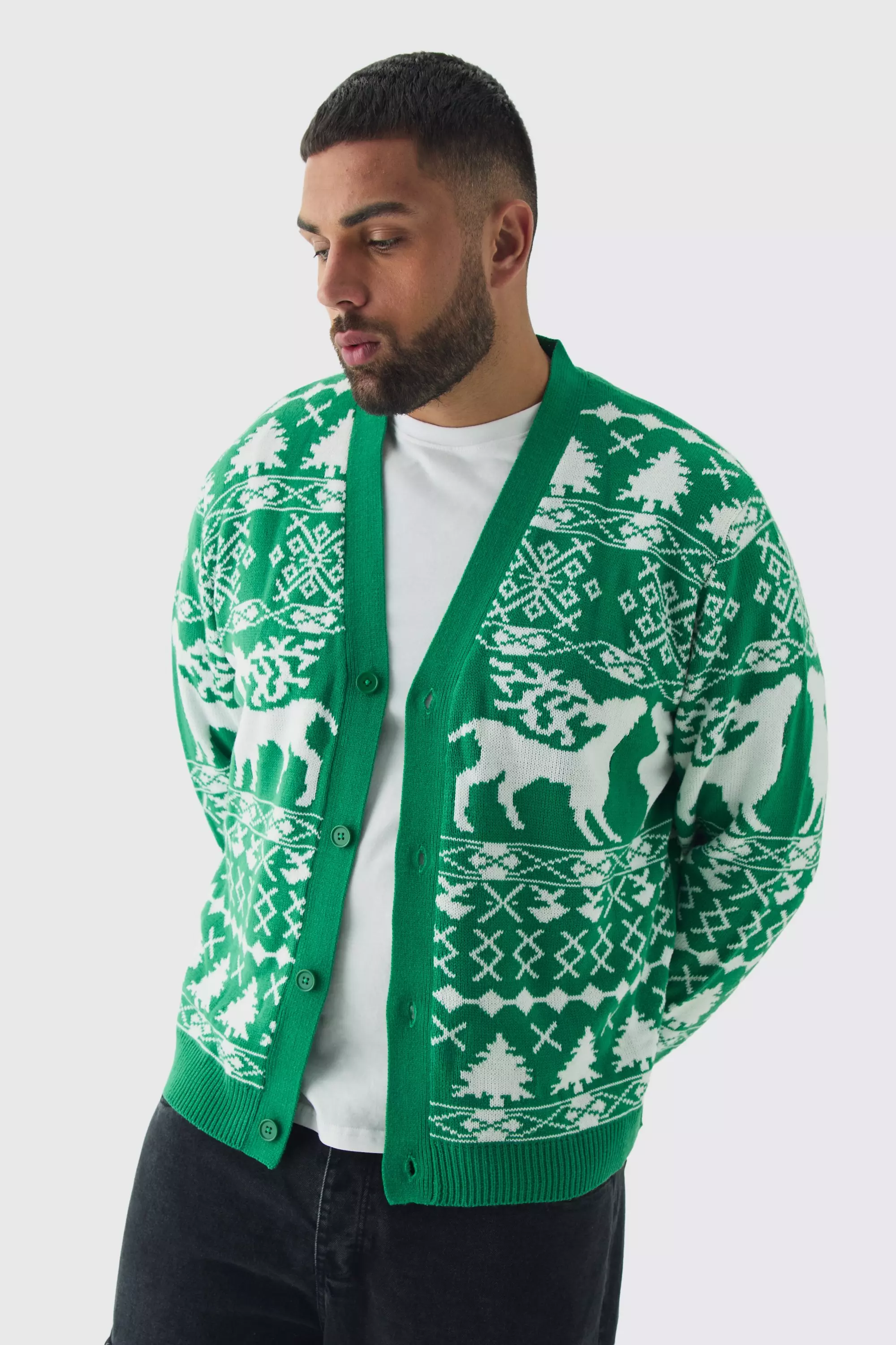 Plus Reindeer Fairisle Christmas Cardigan boohooMAN UK