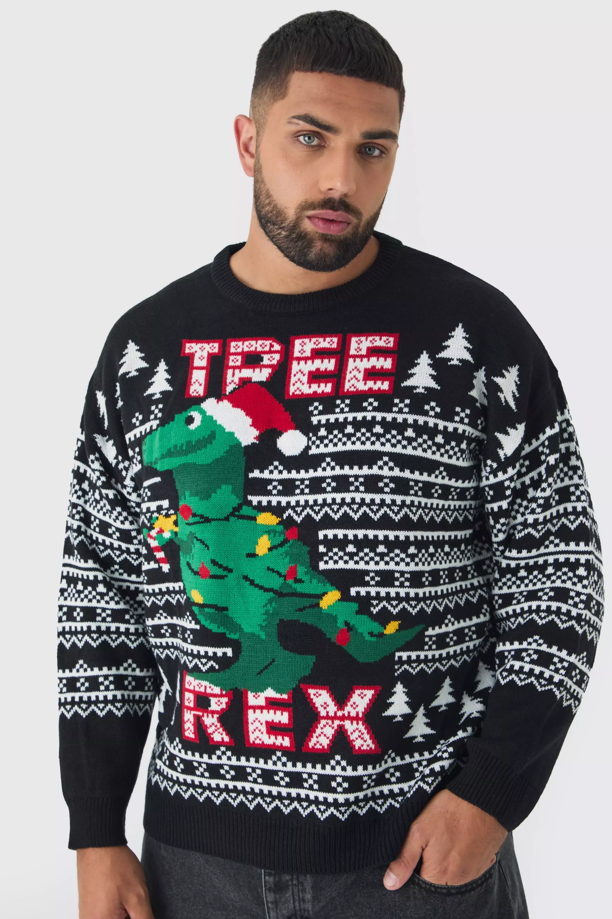 Black Plus Tree Rex Christmas Sweater