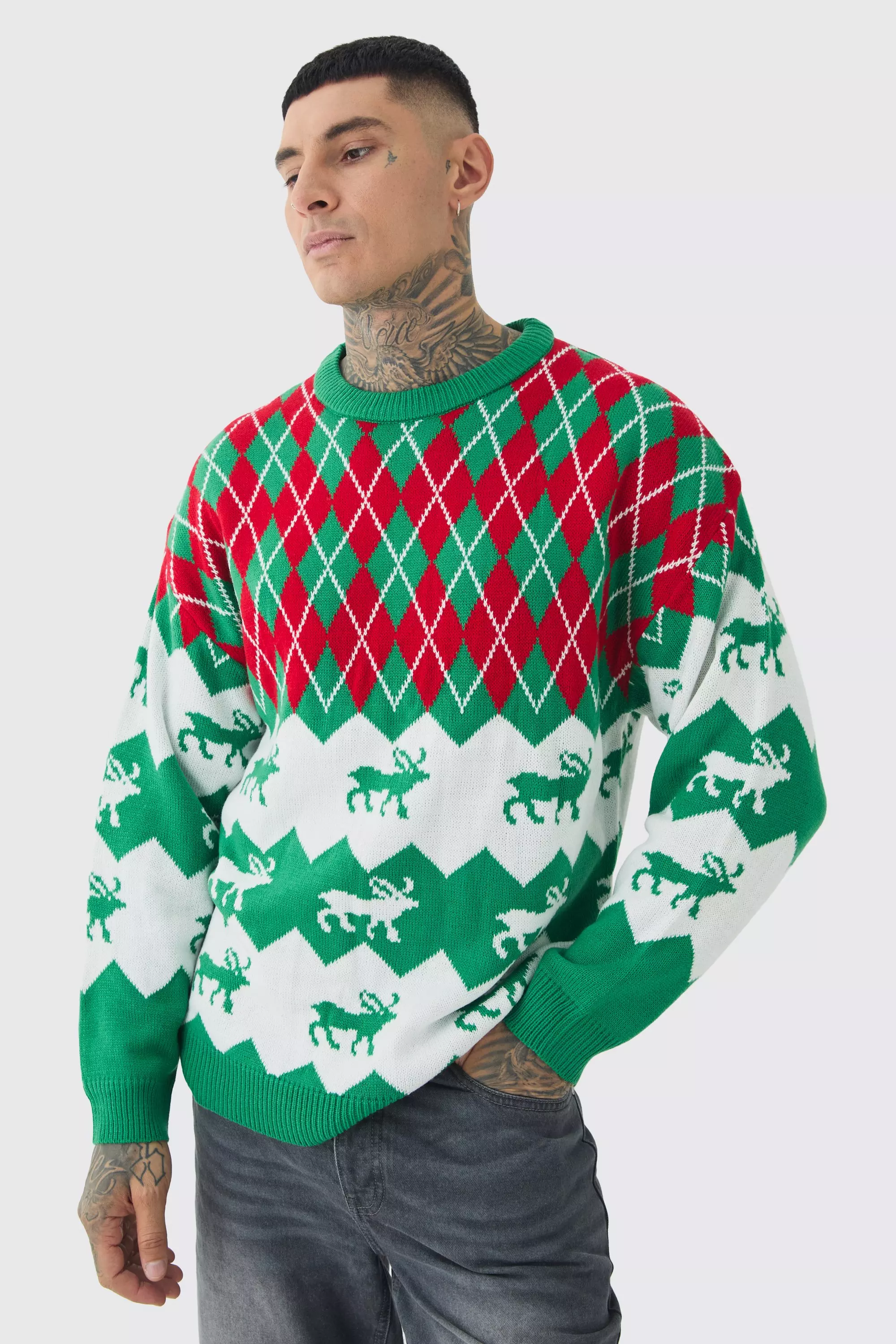 Green Tall Reindeer Fairisle Christmas Jumper