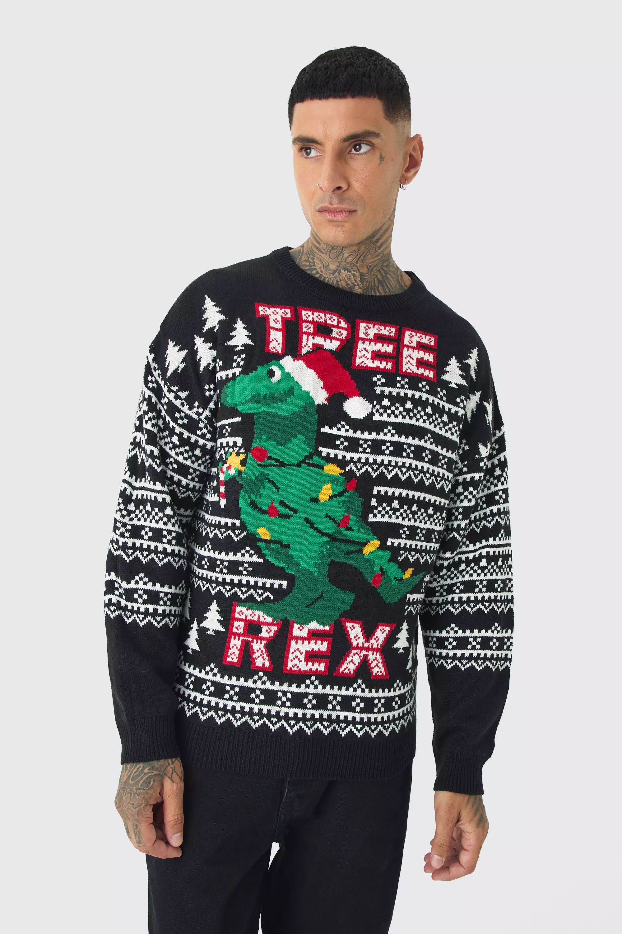 Tall Tree Rex Christmas Sweater Black