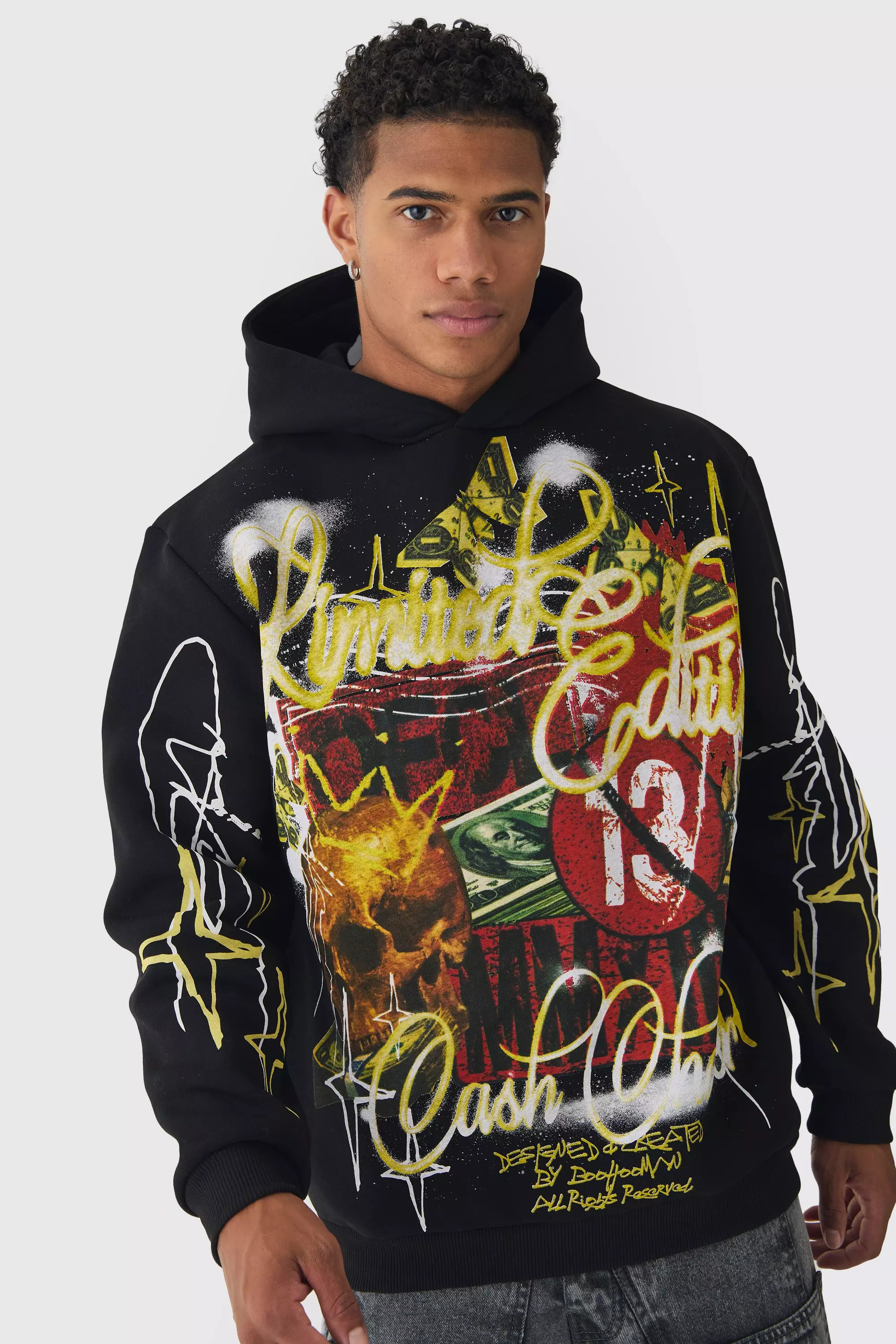 Oversized Graffiti Slogan Over Seams Graphic Print Hoodie boohooMAN