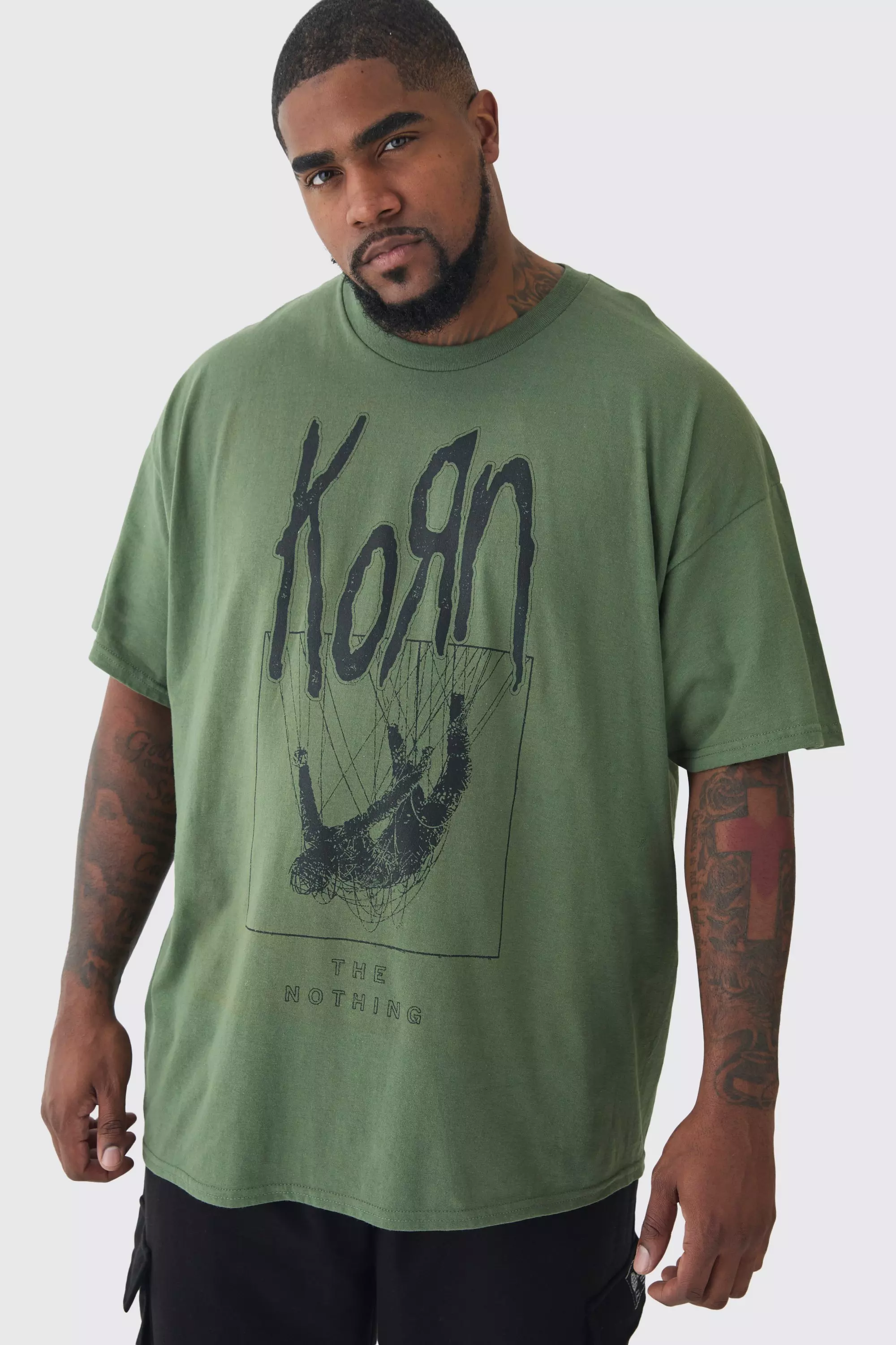 Plus Korn License Print T shirt In Green boohooMAN UK