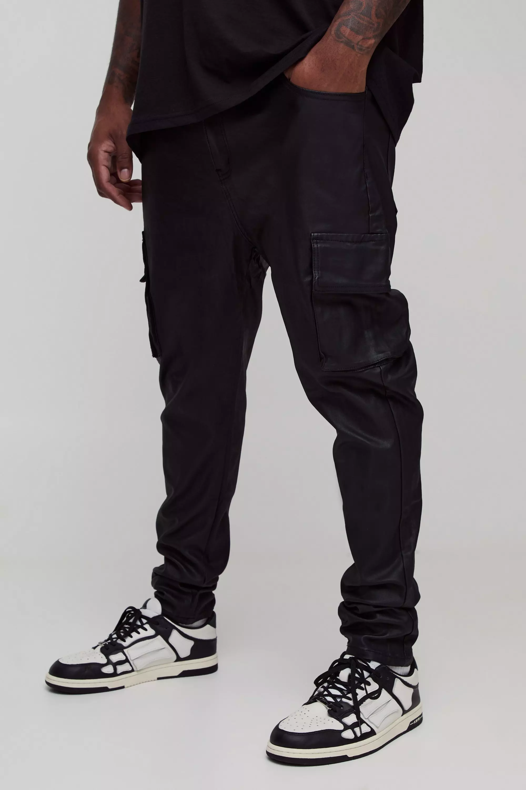 Black Plus PU Coated Super Skinny Cargo Jeans