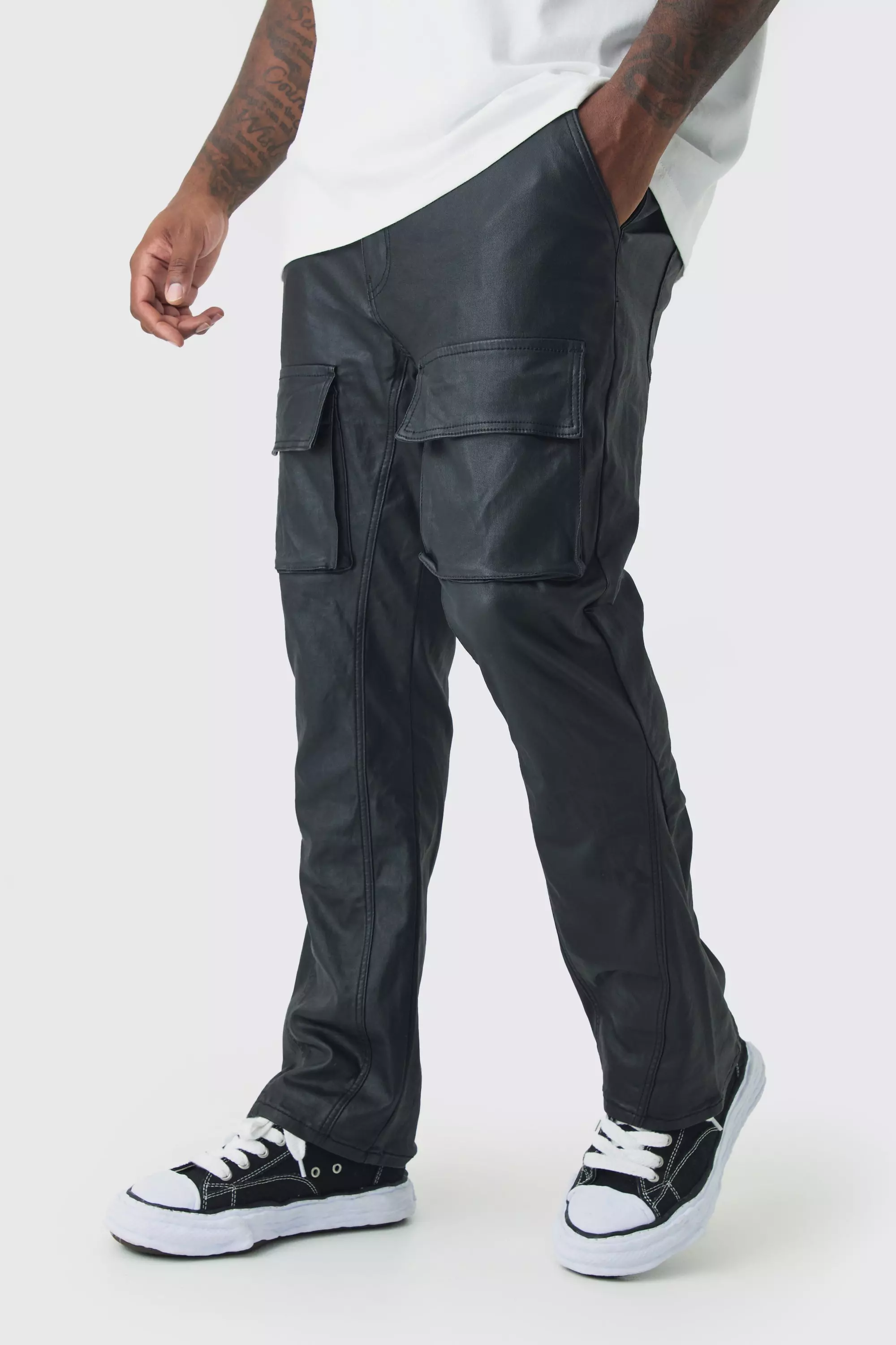 Black Plus PU Coated Stacked Flared Gusset Cargo Jeans