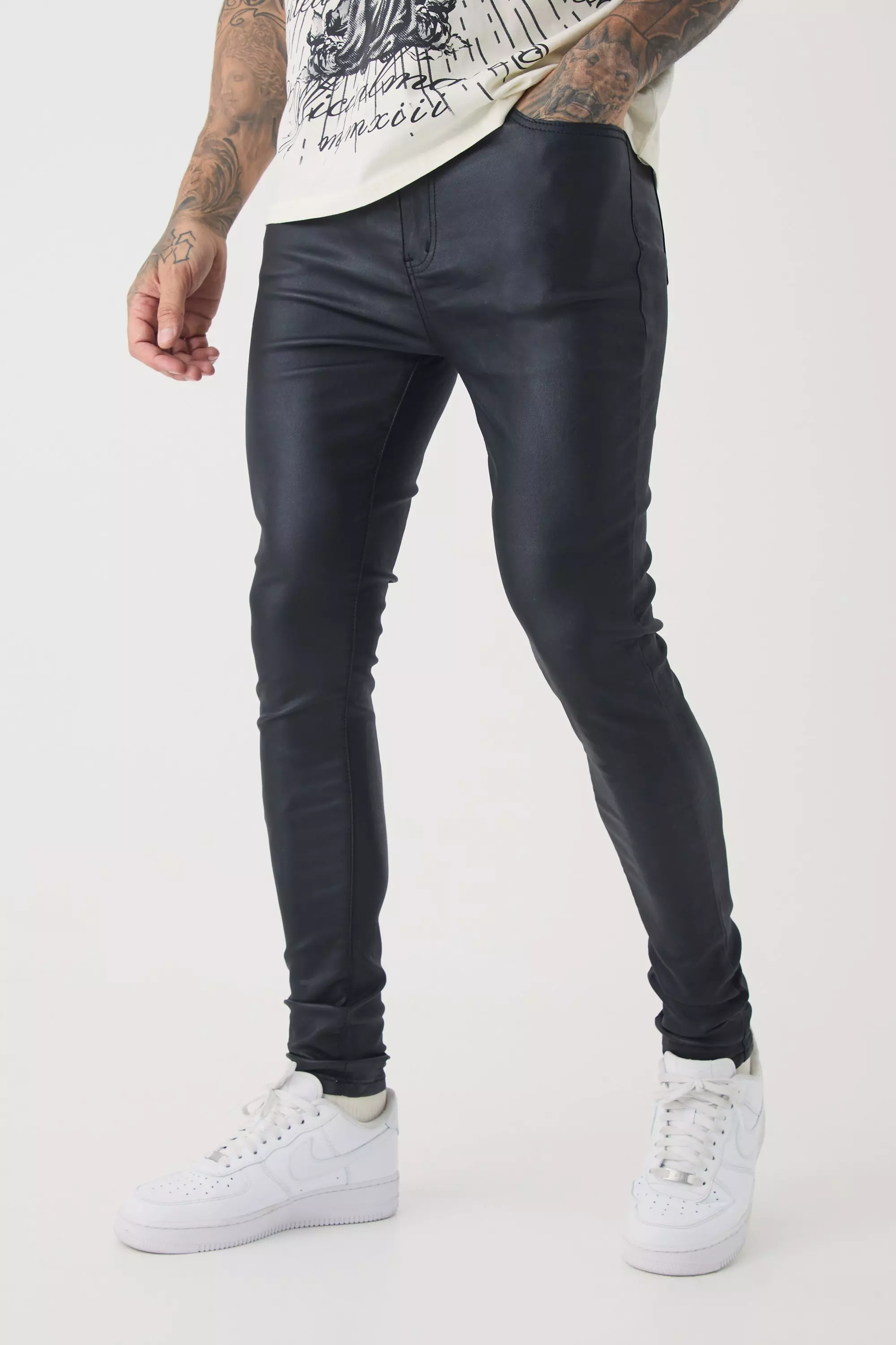 Tall PU Coated Super Skinny Jeans Black