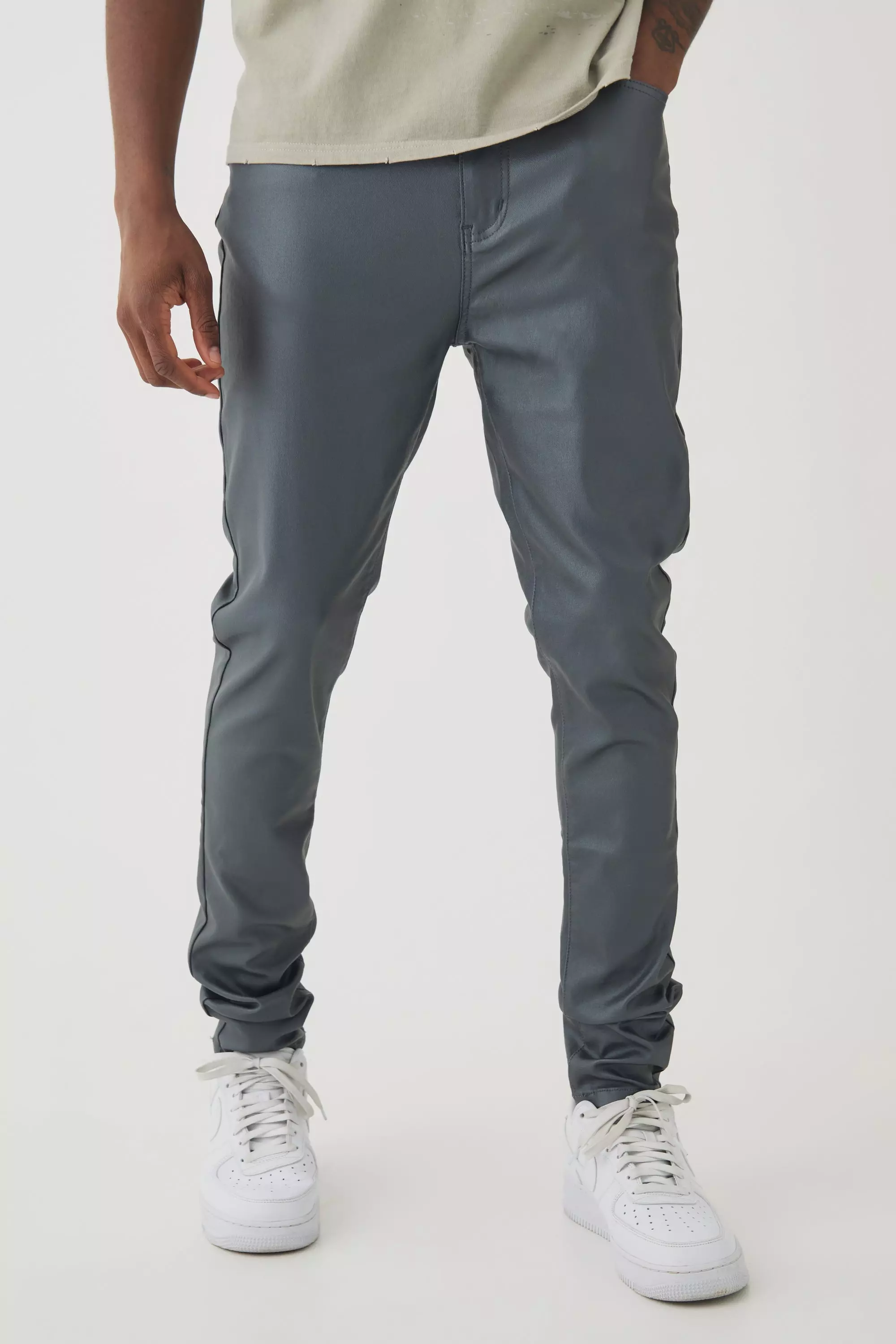 Tall PU Coated Super Skinny Jeans Charcoal