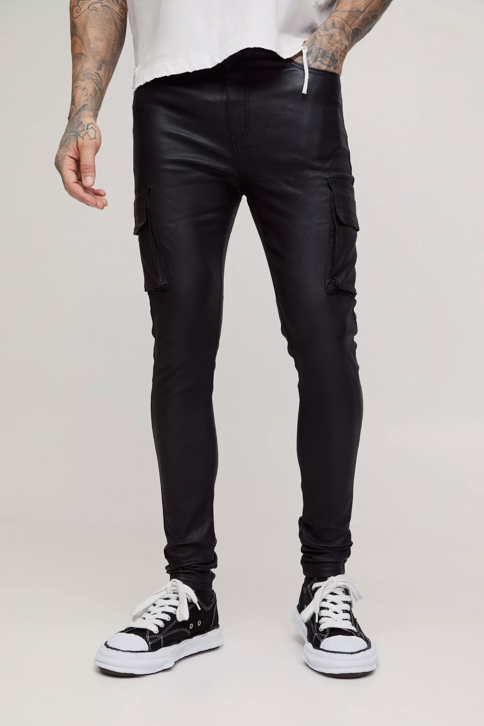 Tall PU Coated Super Skinny Cargo Jeans Black