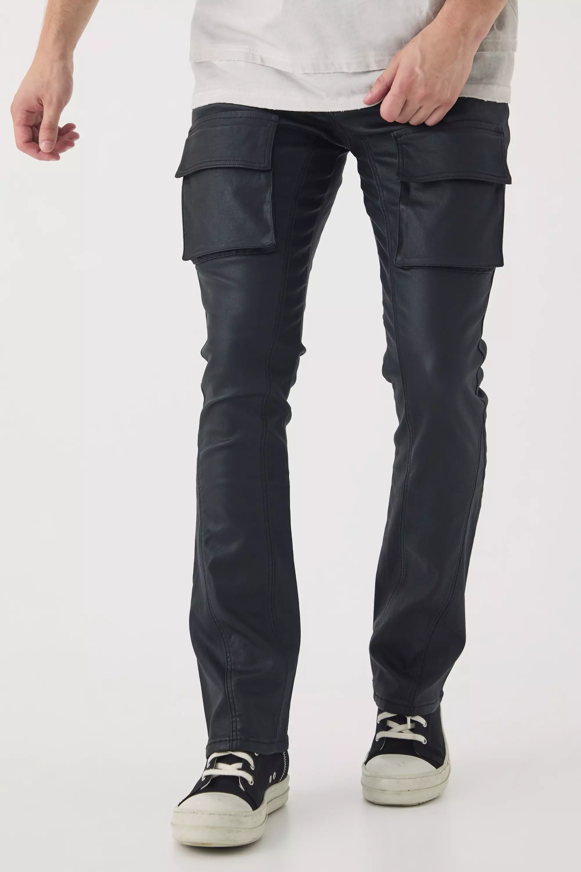 Tall PU Coated Stacked Flared Gusset Cargo Jeans Black